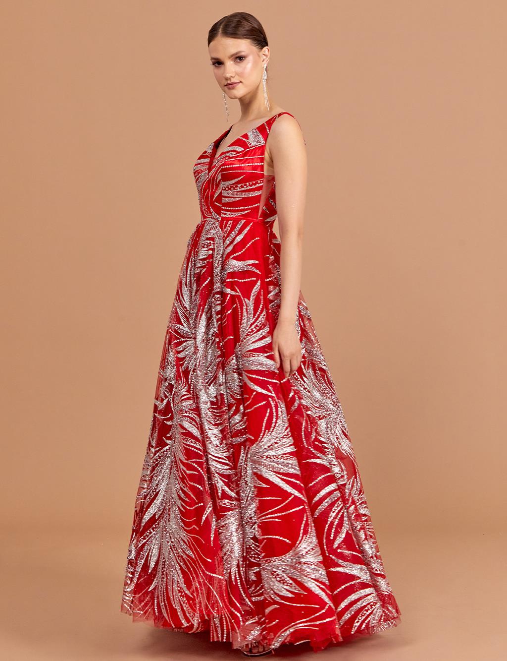 Strap V Neck Evening Dress Red