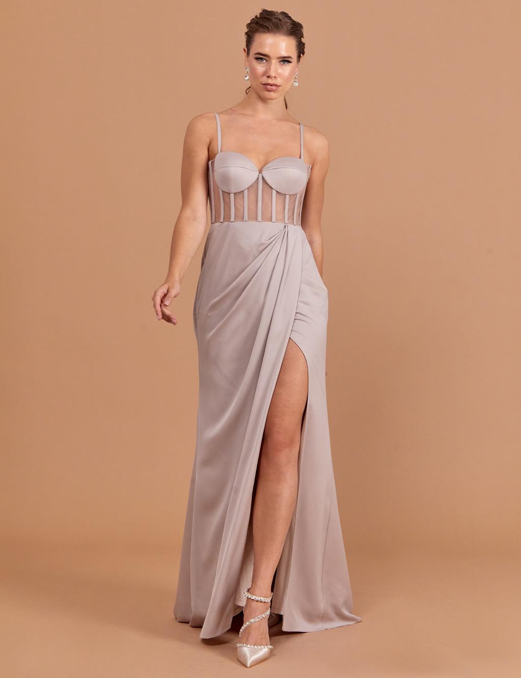 Bead Embroidered Bolero Evening Dress Stone