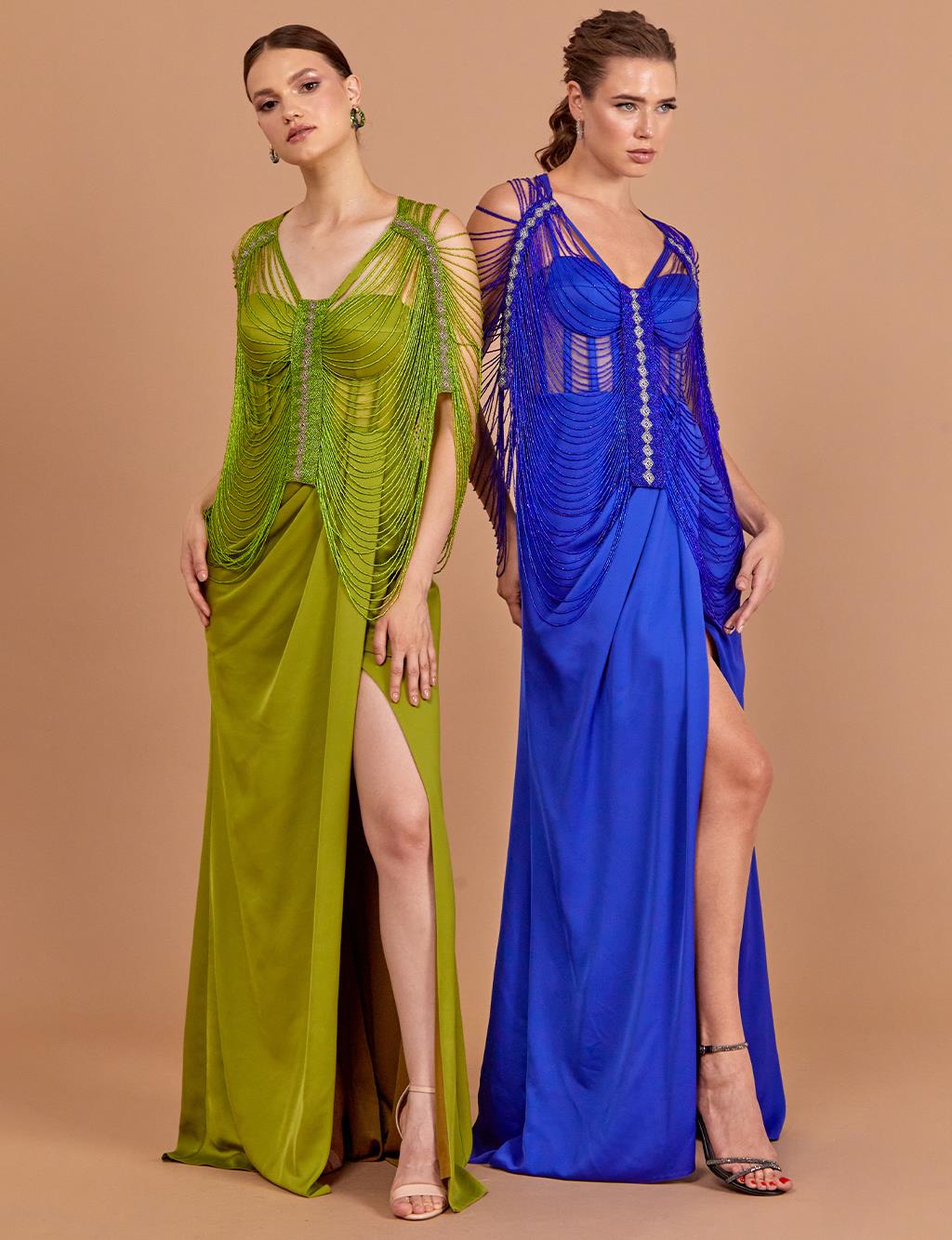 Bead Embroidered Bolero Evening Dress Sax