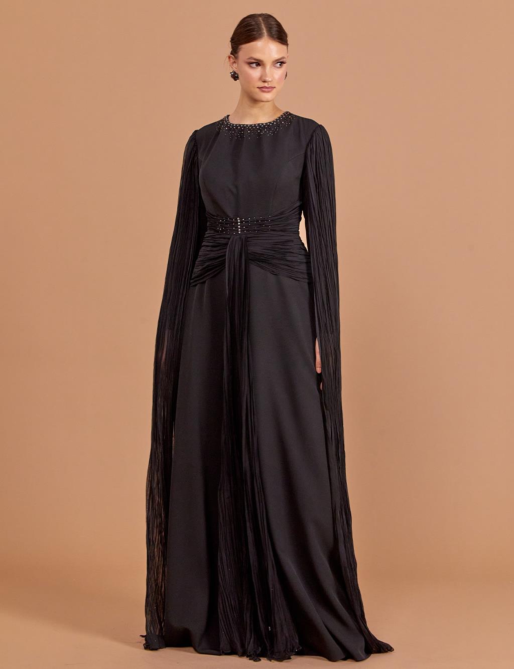 Tulle Detailed Draped Evening Dress Black