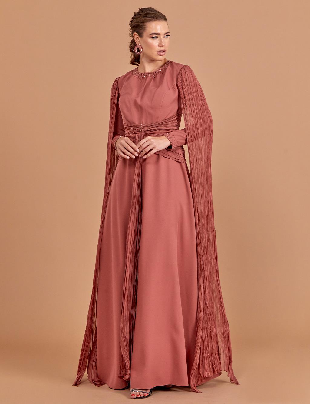 Tulle Detailed Draped Evening Dress Dusty Rose