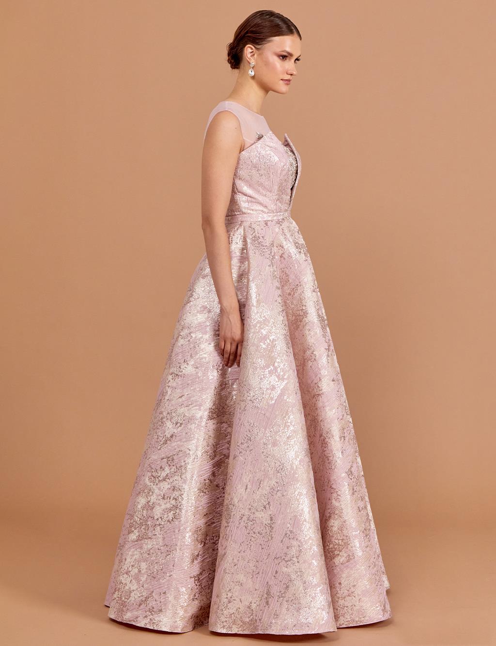 Illusion Collar Brocade Evening Dress Powder