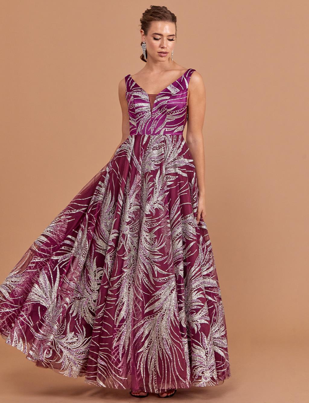 Strap V Neck Evening Dress Purple