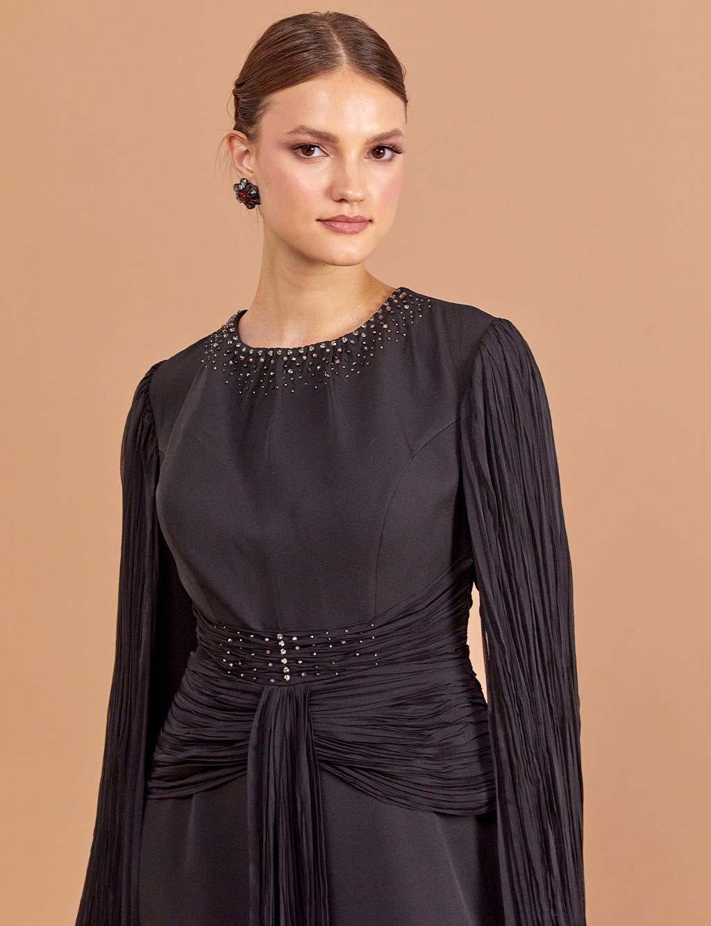 Tulle Detailed Draped Evening Dress Black