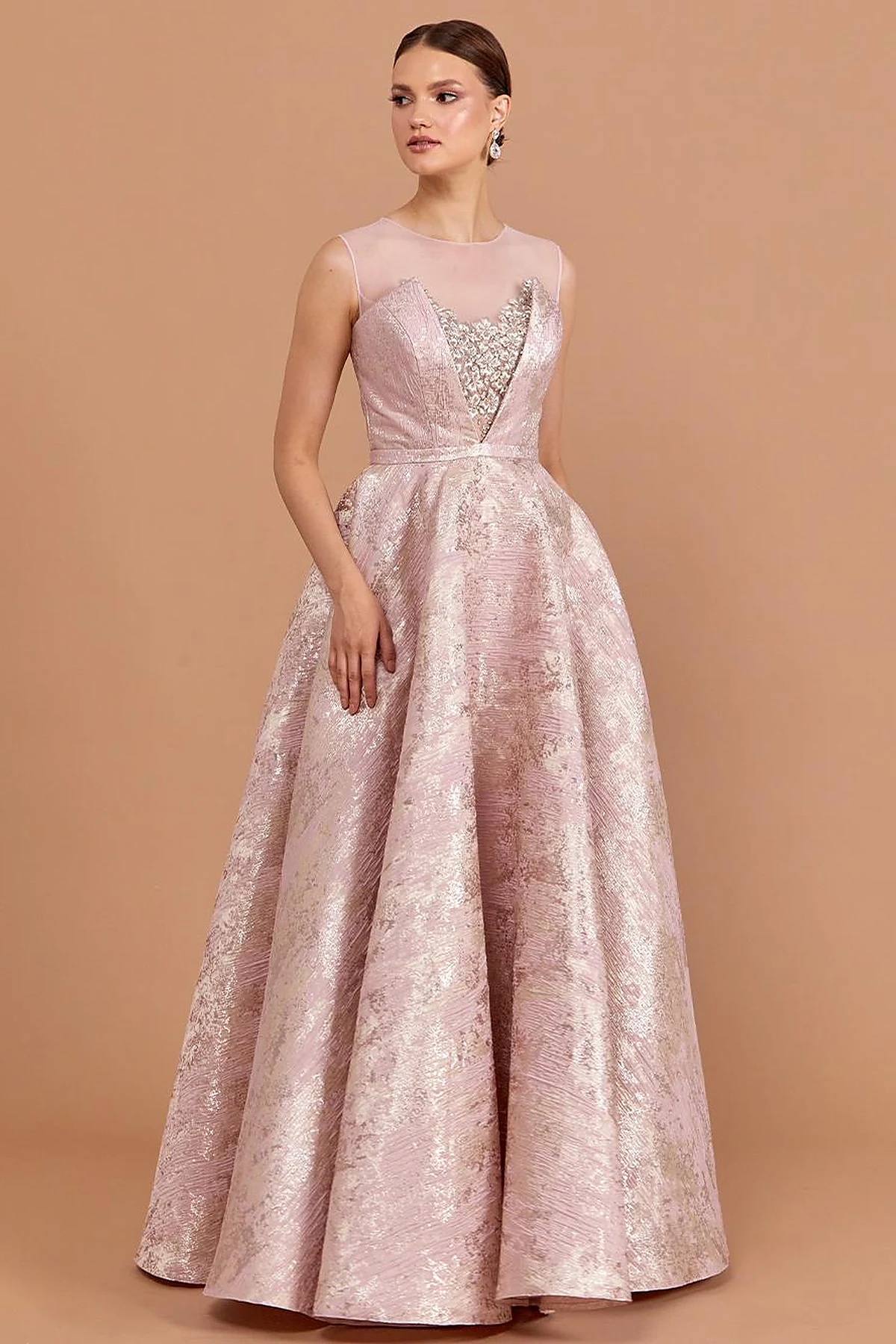 Illusion Collar Brocade Evening Dress Powder