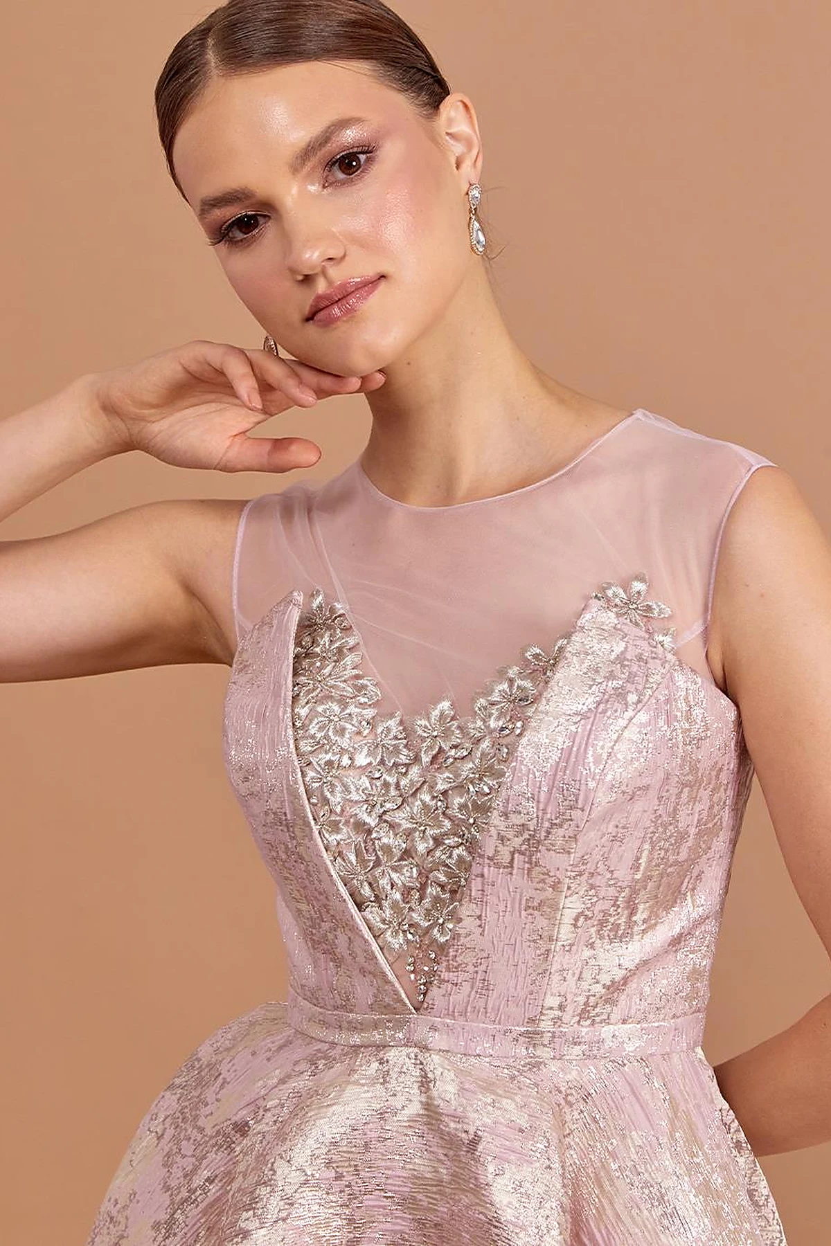 Illusion Collar Brocade Evening Dress Powder