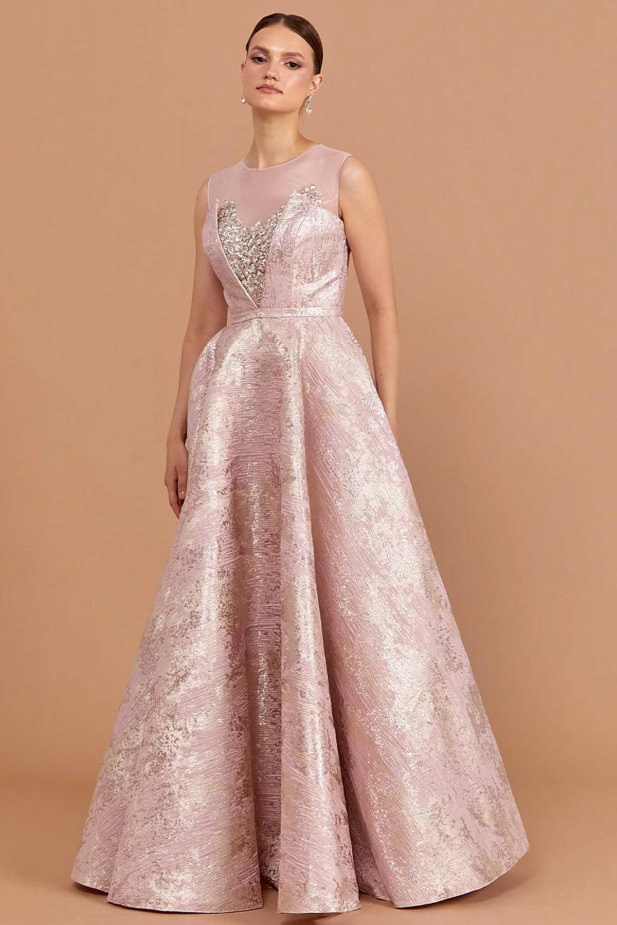Illusion Collar Brocade Evening Dress Powder