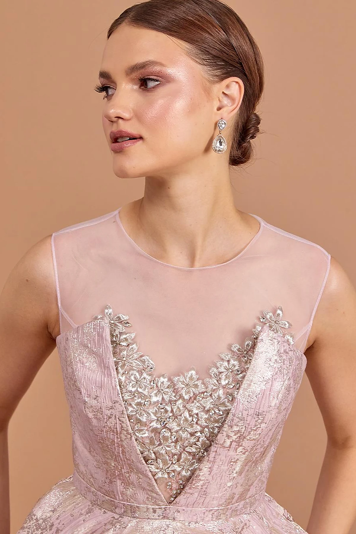 Illusion Collar Brocade Evening Dress Powder