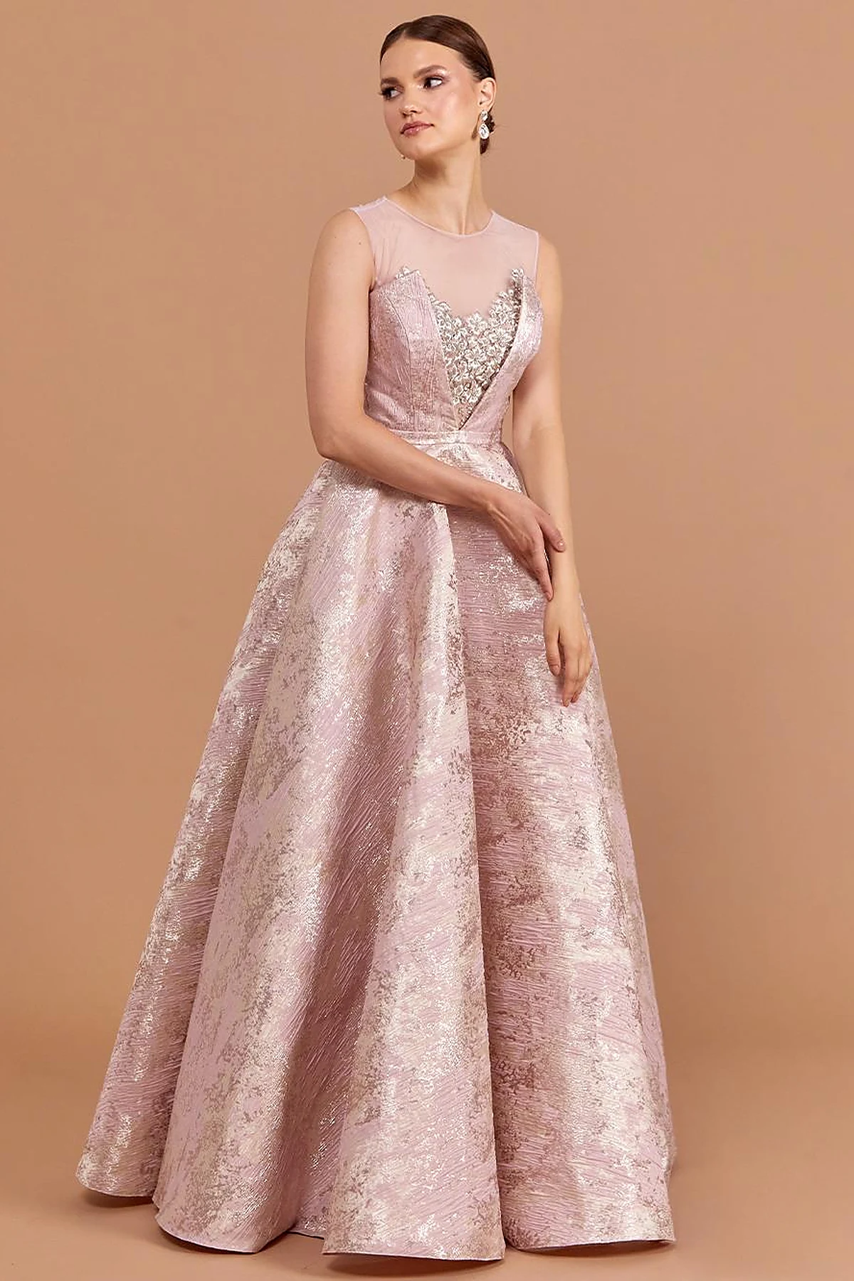 Illusion Collar Brocade Evening Dress Powder