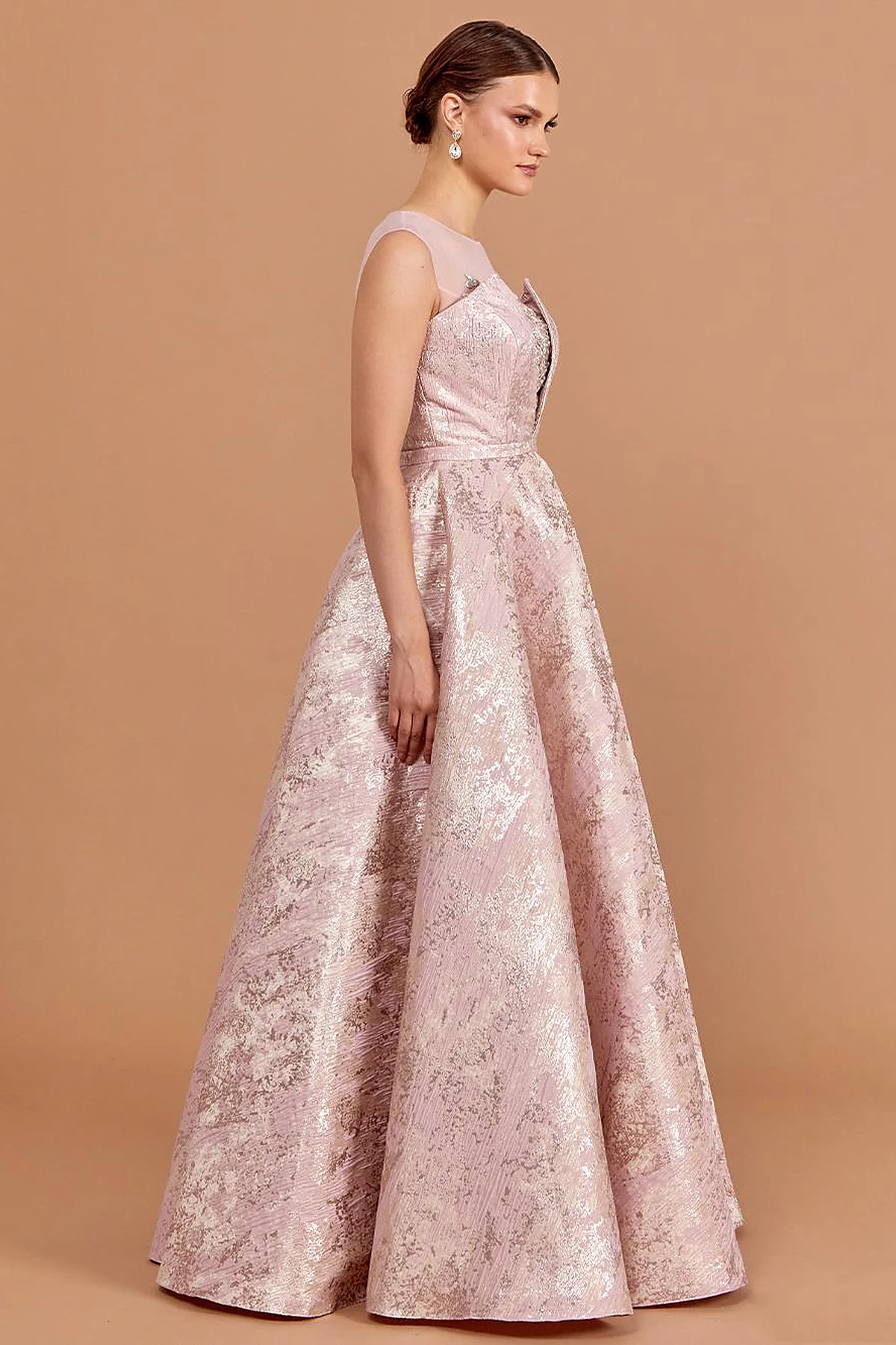 Illusion Collar Brocade Evening Dress Powder