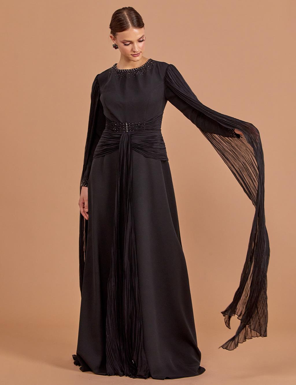 Tulle Detailed Draped Evening Dress Black