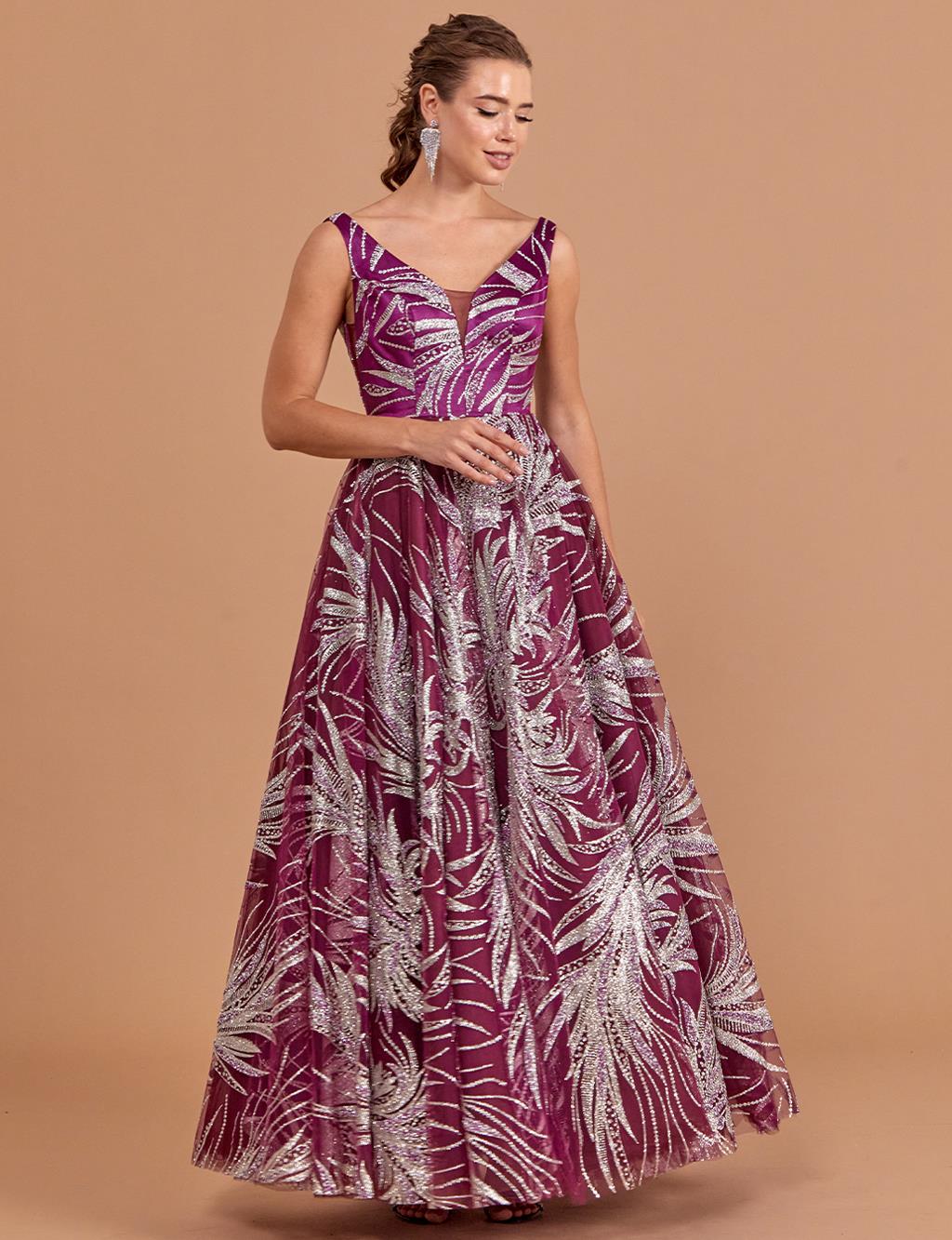 Strap V Neck Evening Dress Purple