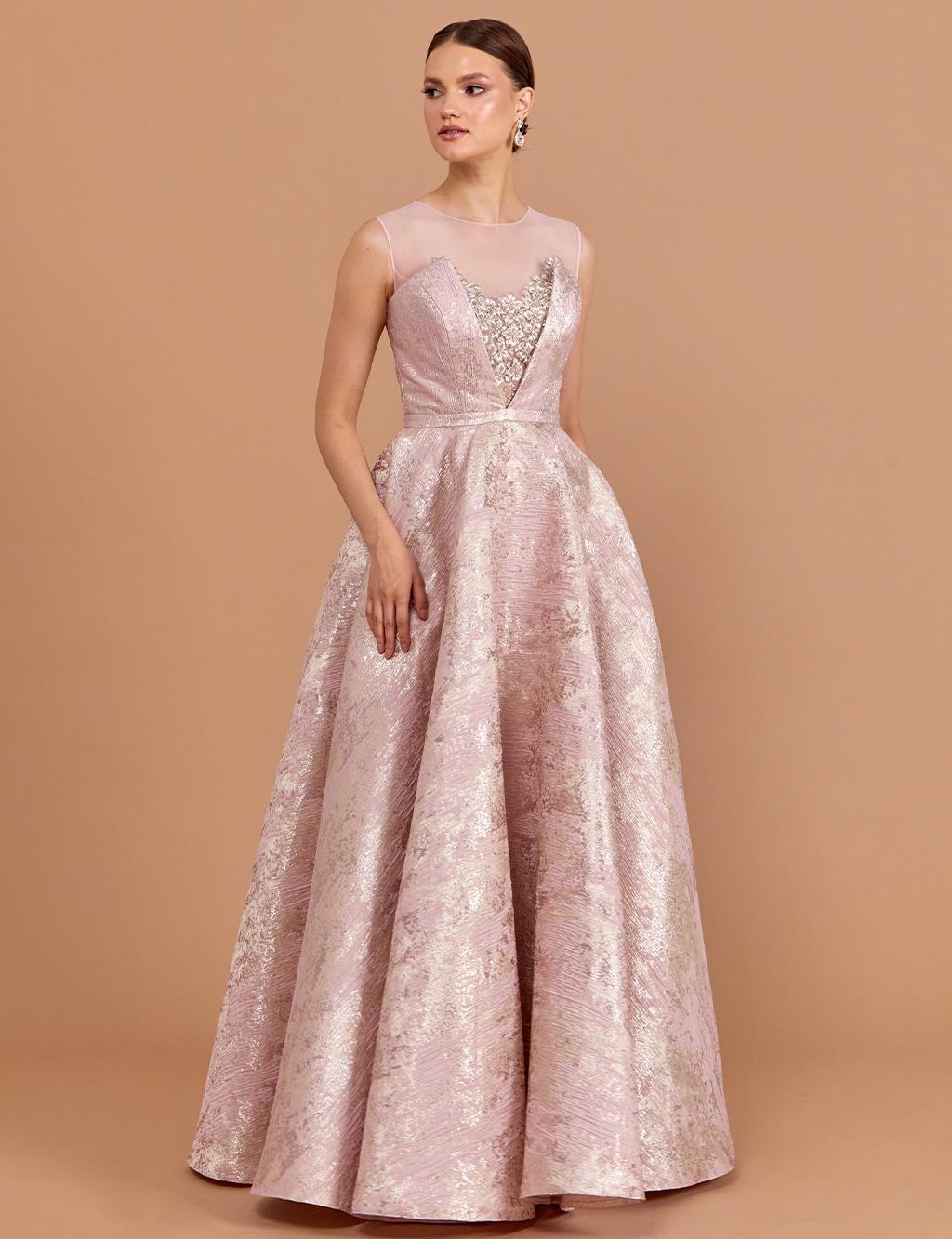 Illusion Collar Brocade Evening Dress Powder