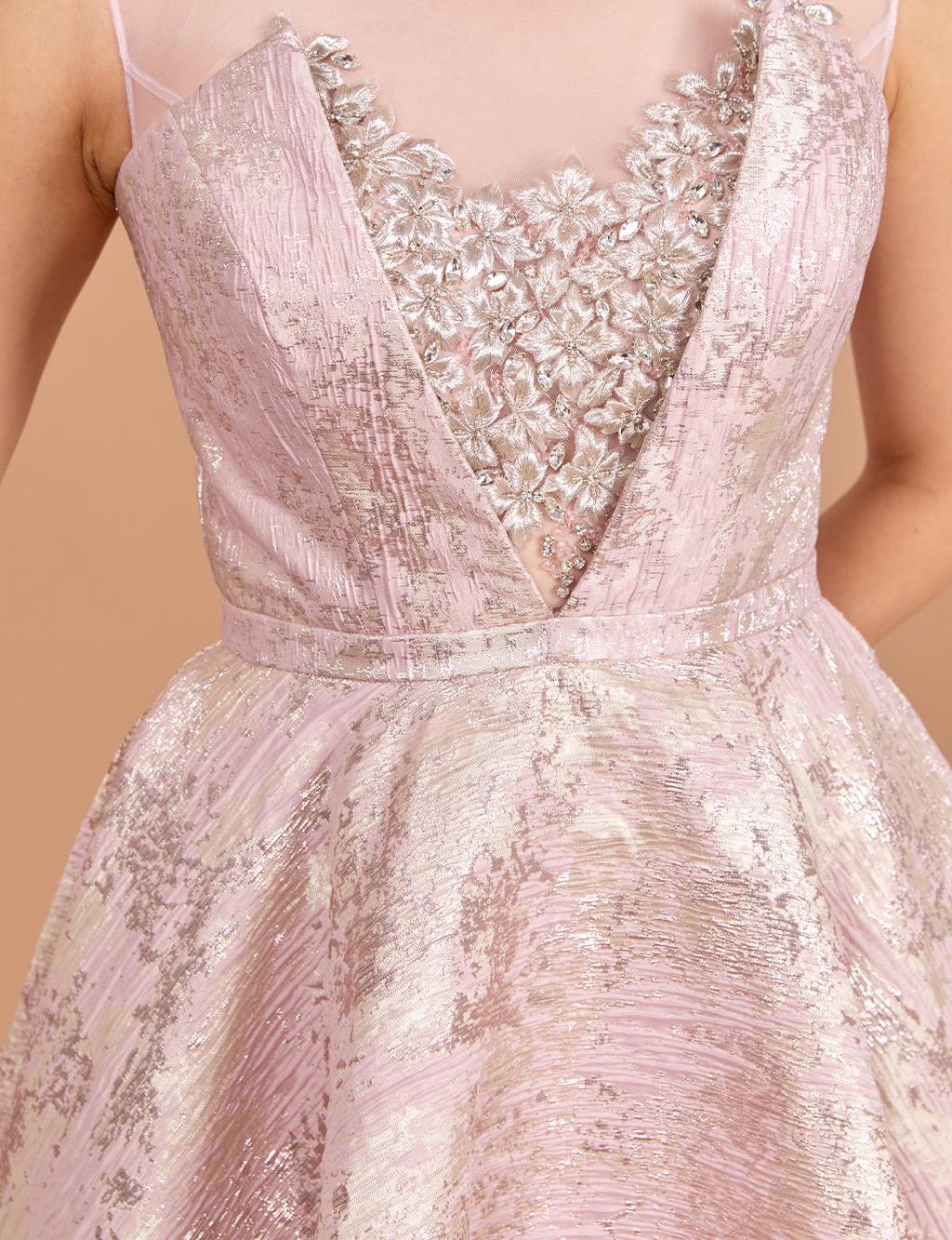 Illusion Collar Brocade Evening Dress Powder