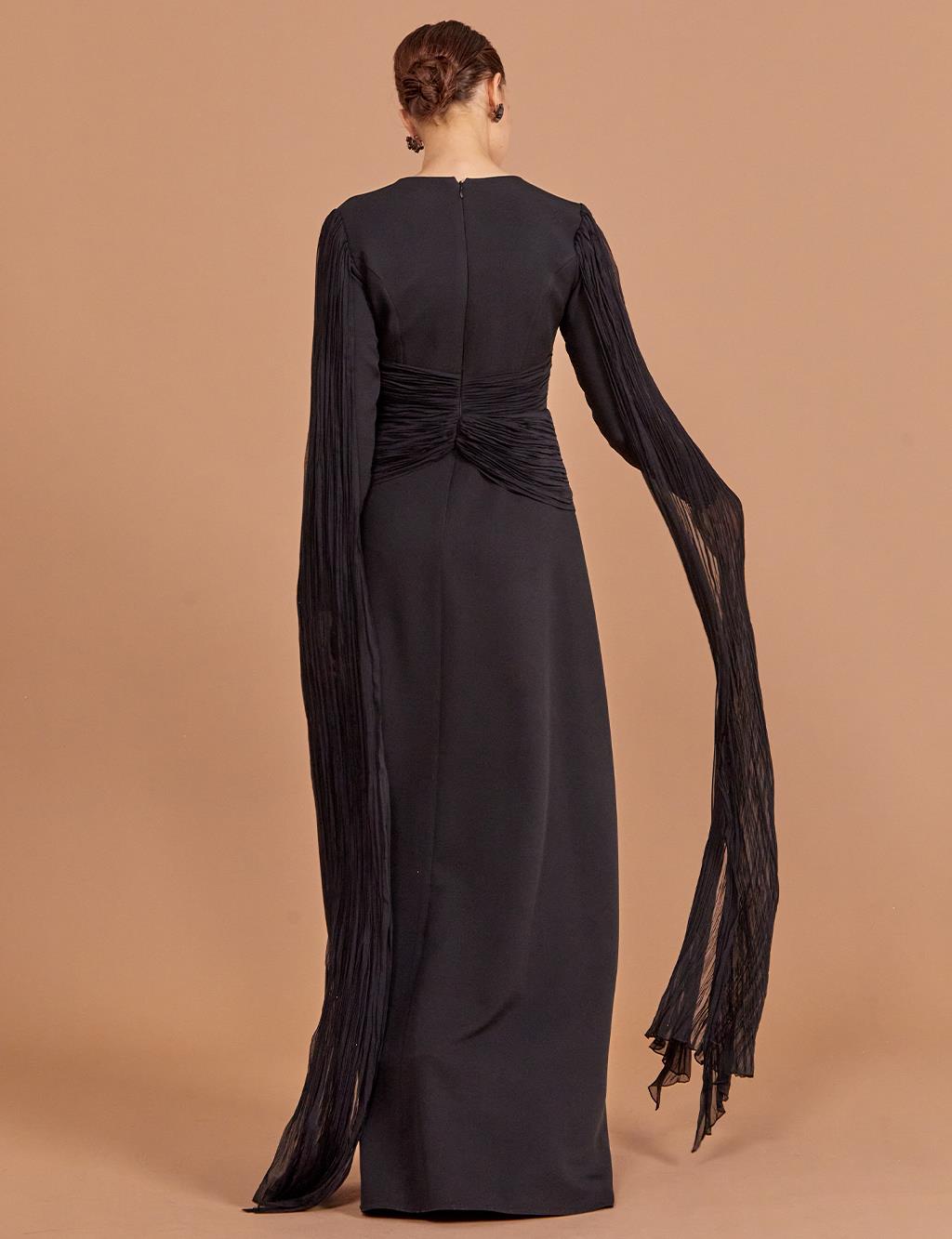 Tulle Detailed Draped Evening Dress Black