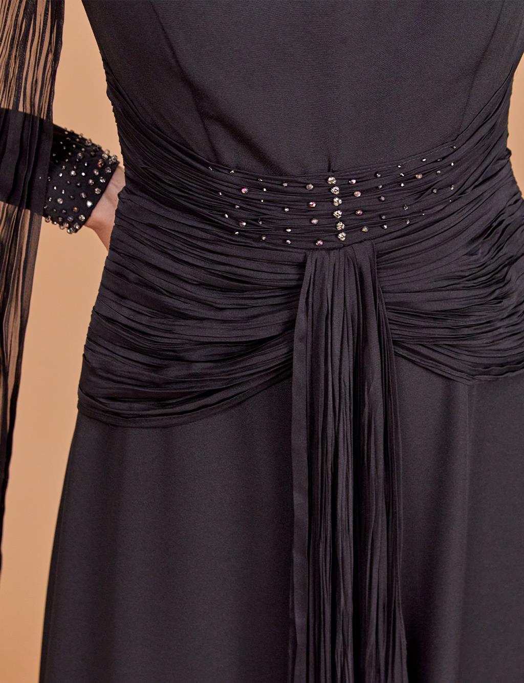 Tulle Detailed Draped Evening Dress Black