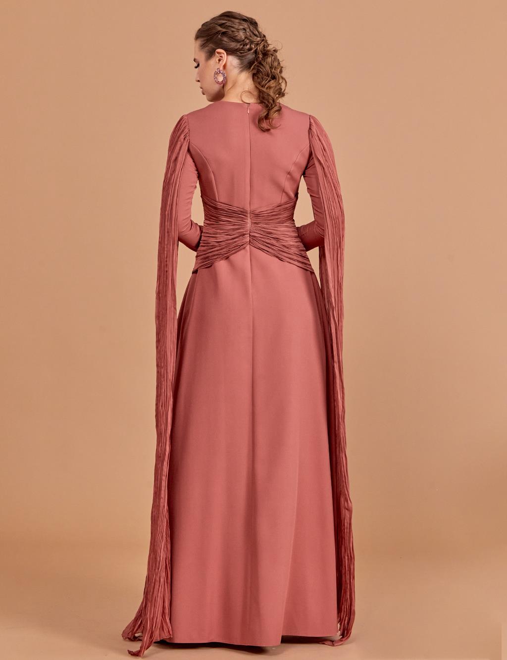 Tulle Detailed Draped Evening Dress Dusty Rose