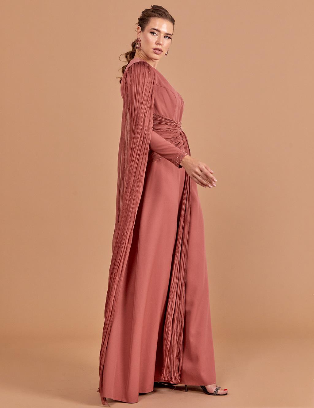 Tulle Detailed Draped Evening Dress Dusty Rose
