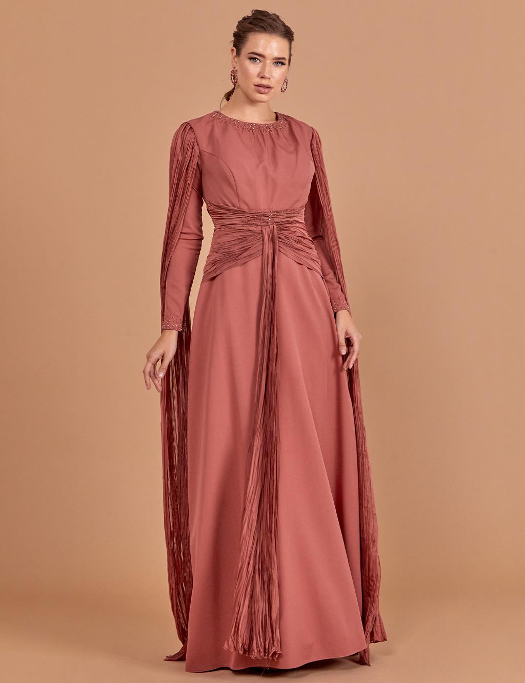 Tulle Detailed Draped Evening Dress Dusty Rose
