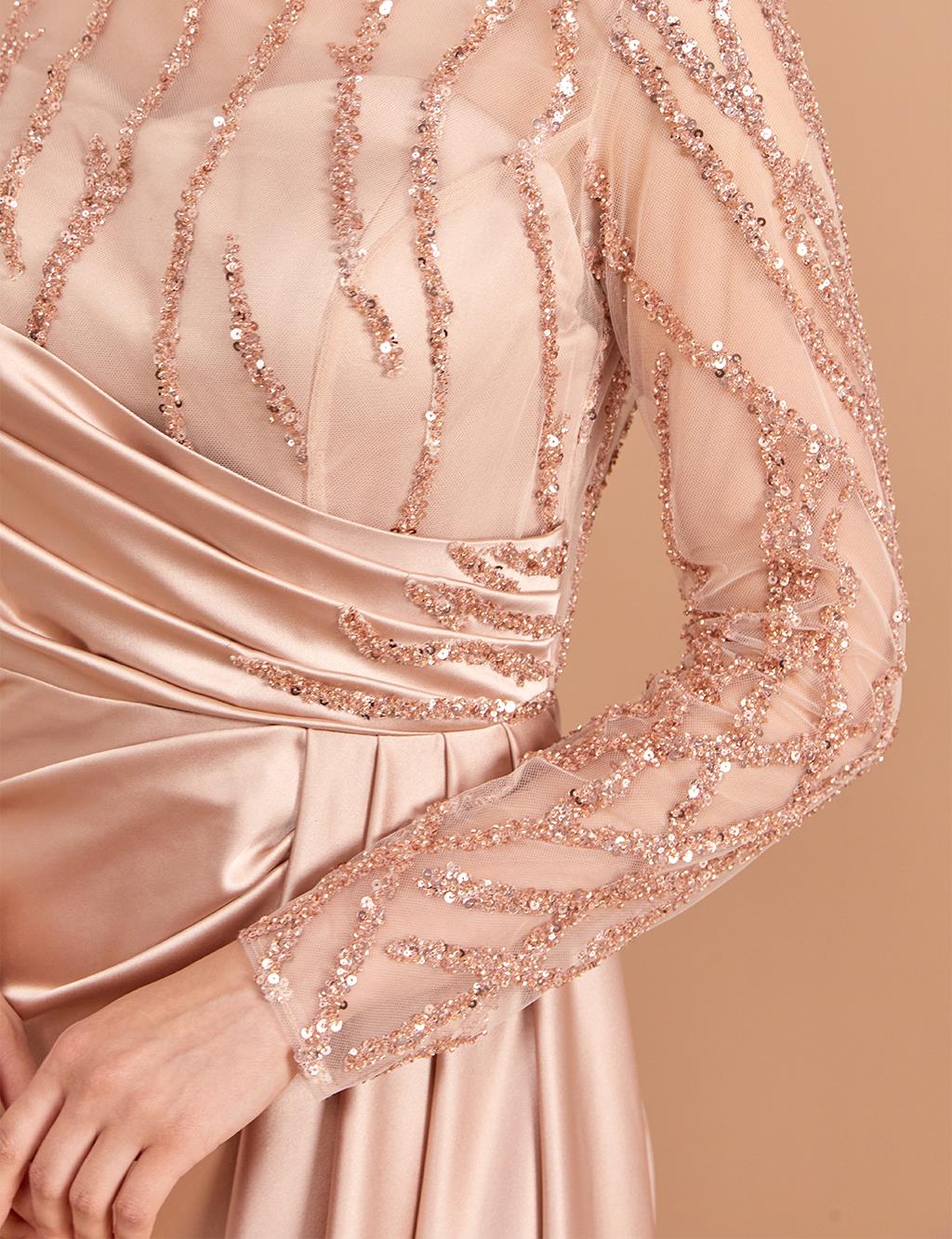 Draped Illusion Collar Evening Dress Copper