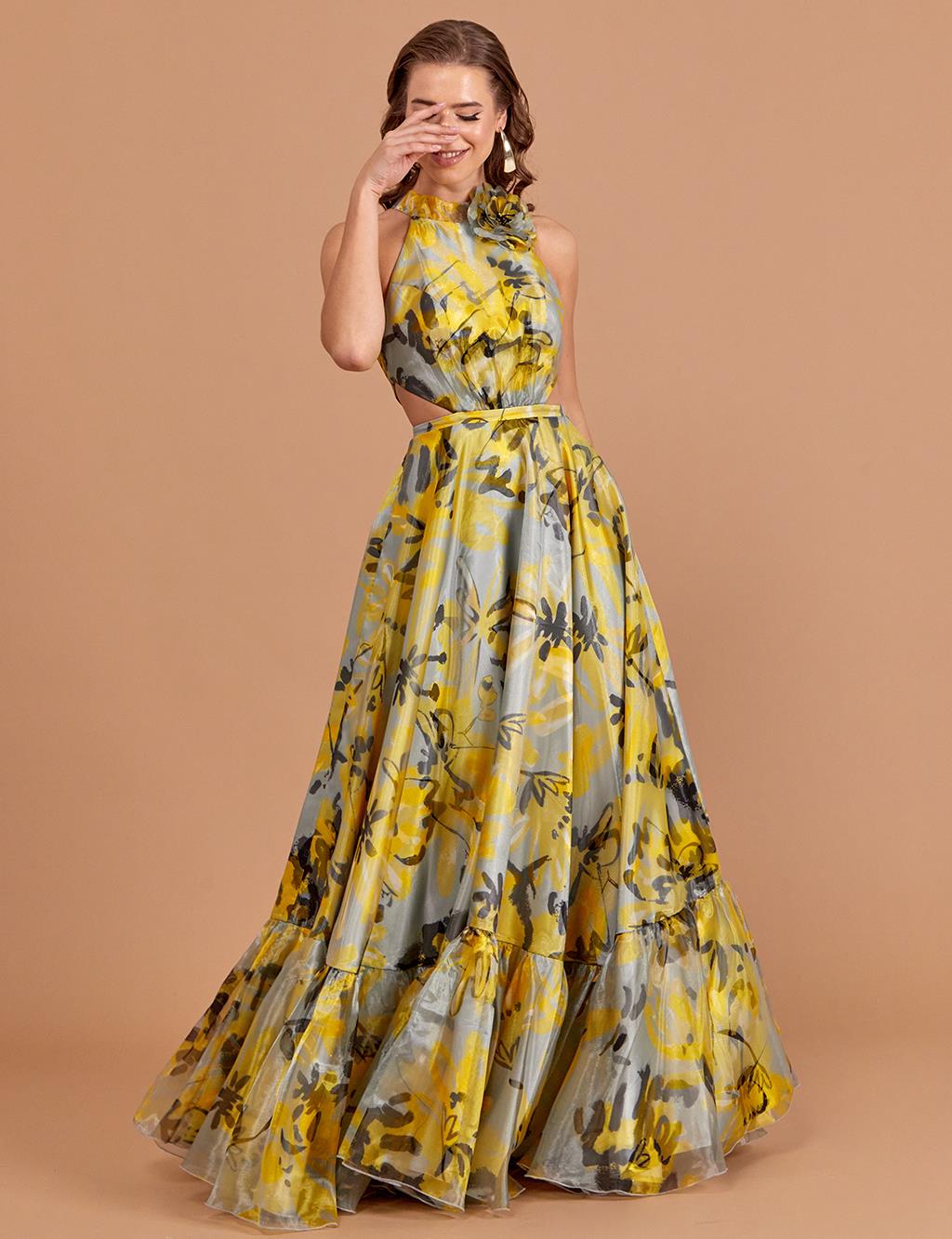 Floral Patterned Flowy Evening Dress Grey Yellow