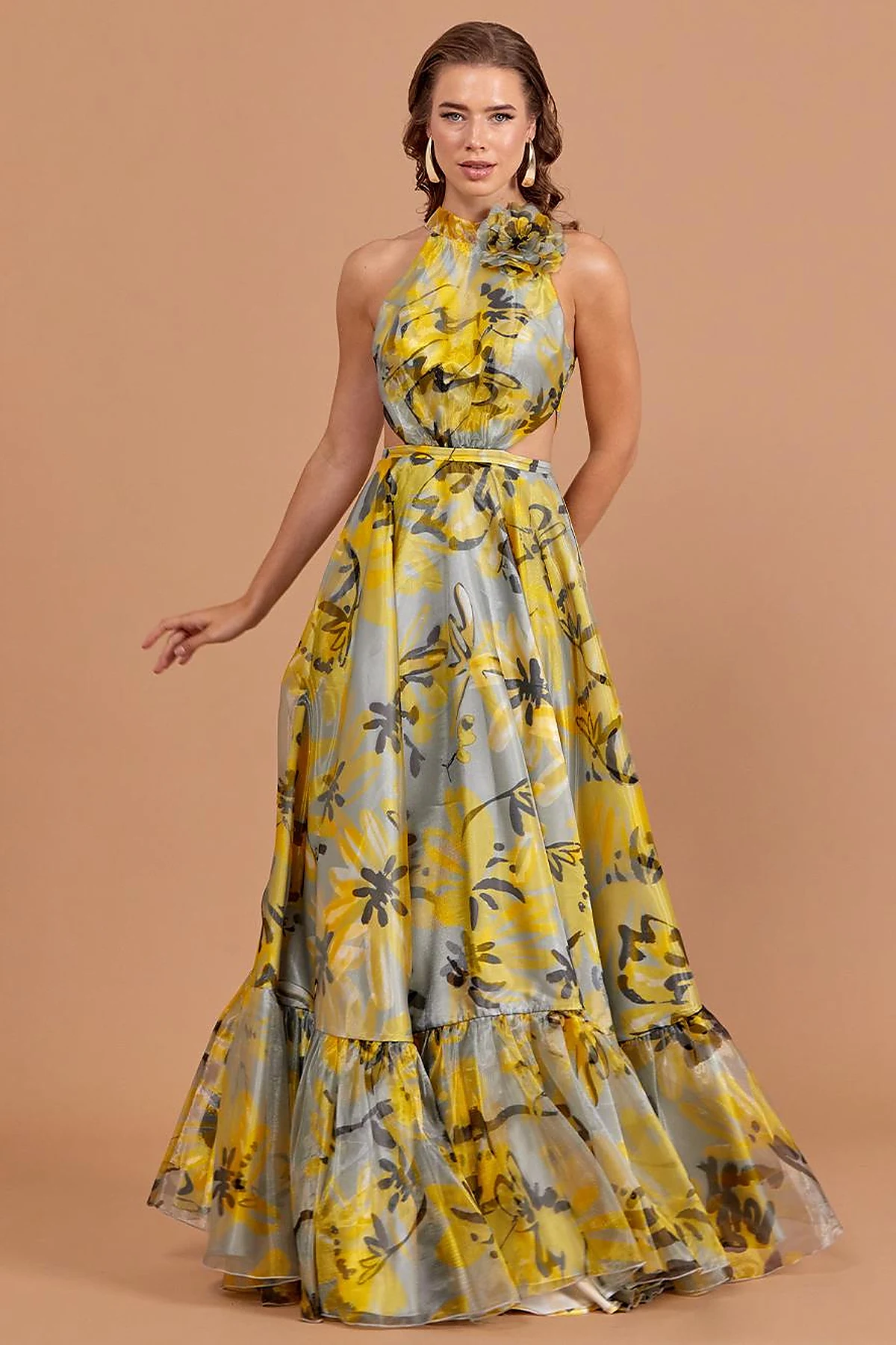 Floral Patterned Flowy Evening Dress Grey-Yellow