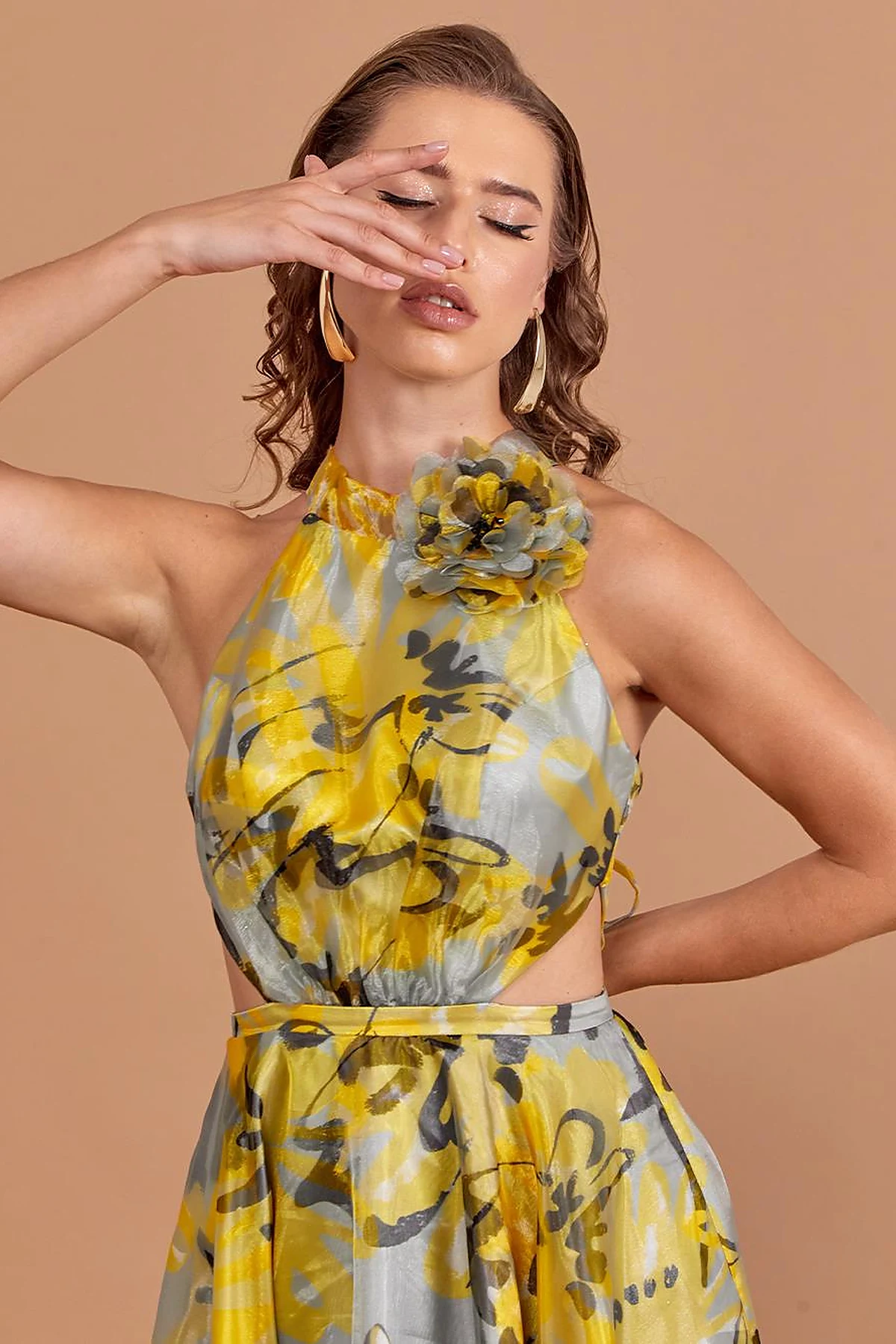 Floral Patterned Flowy Evening Dress Grey-Yellow