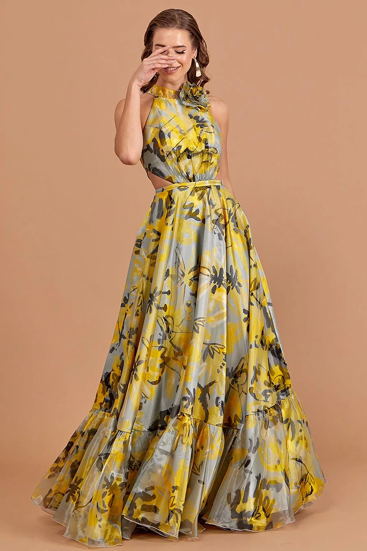 Floral Patterned Flowy Evening Dress Grey-Yellow