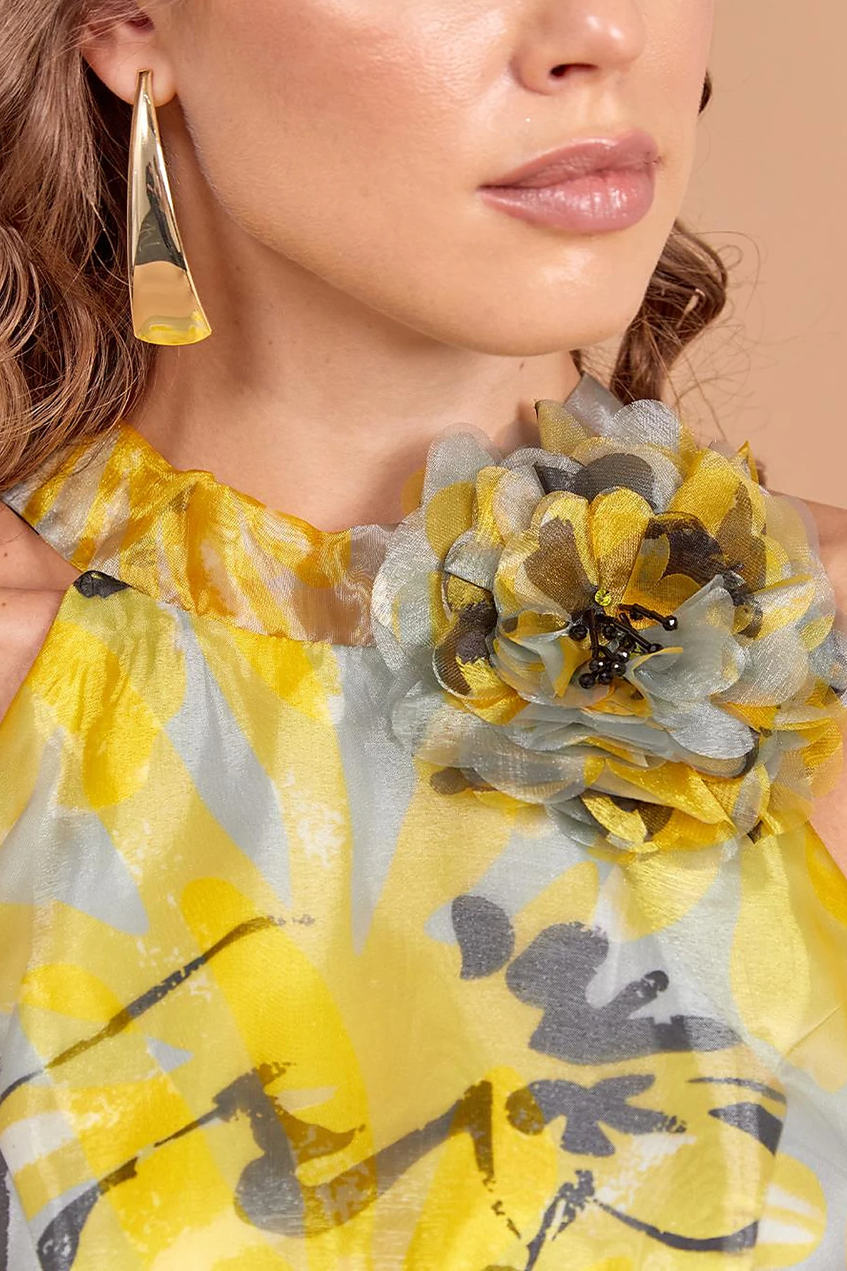 Floral Patterned Flowy Evening Dress Grey-Yellow