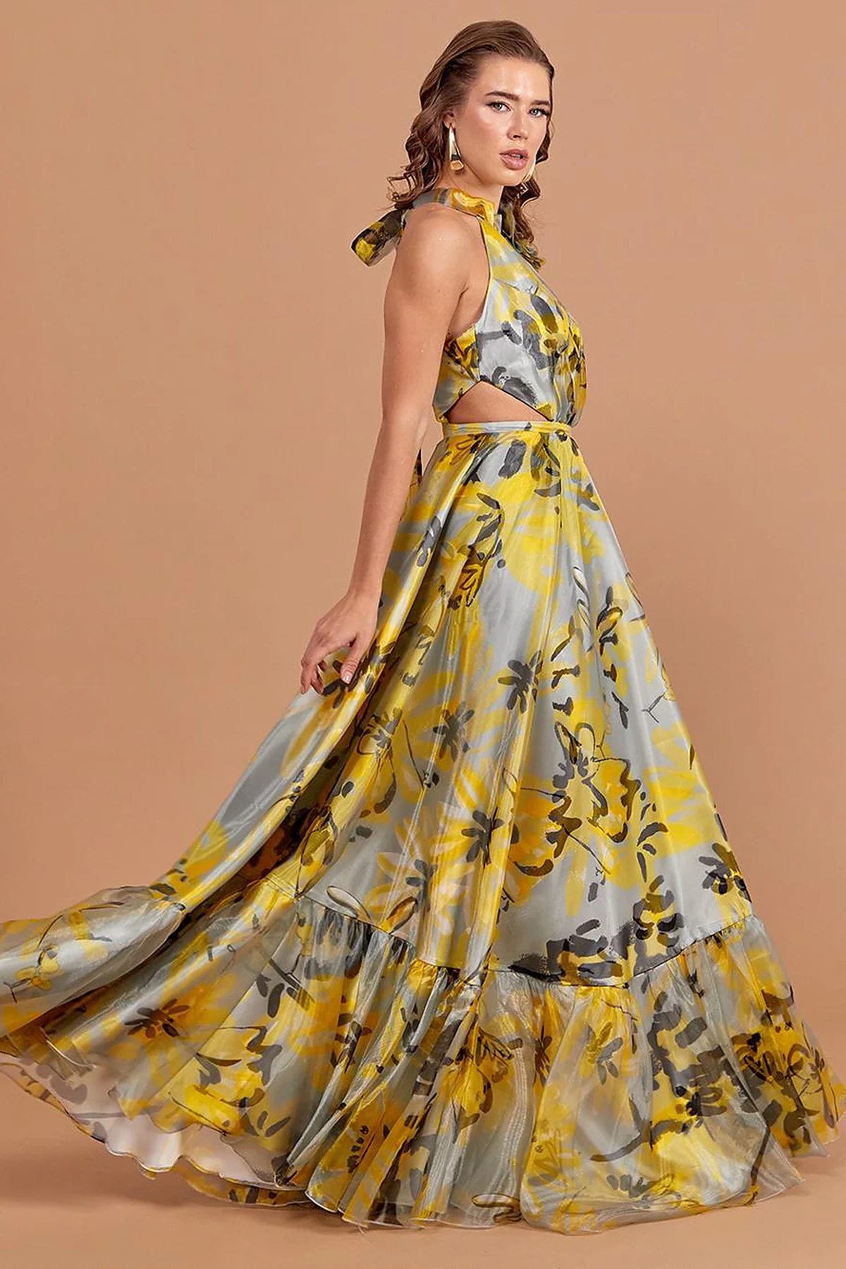 Floral Patterned Flowy Evening Dress Grey-Yellow