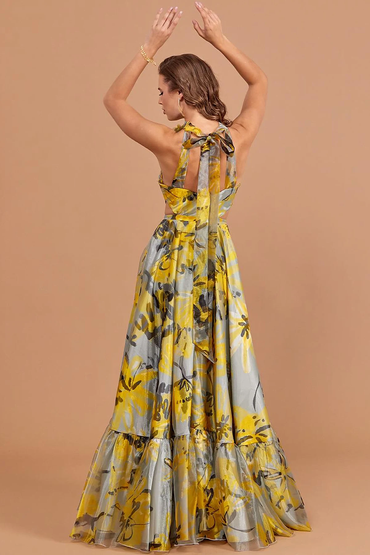 Floral Patterned Flowy Evening Dress Grey-Yellow