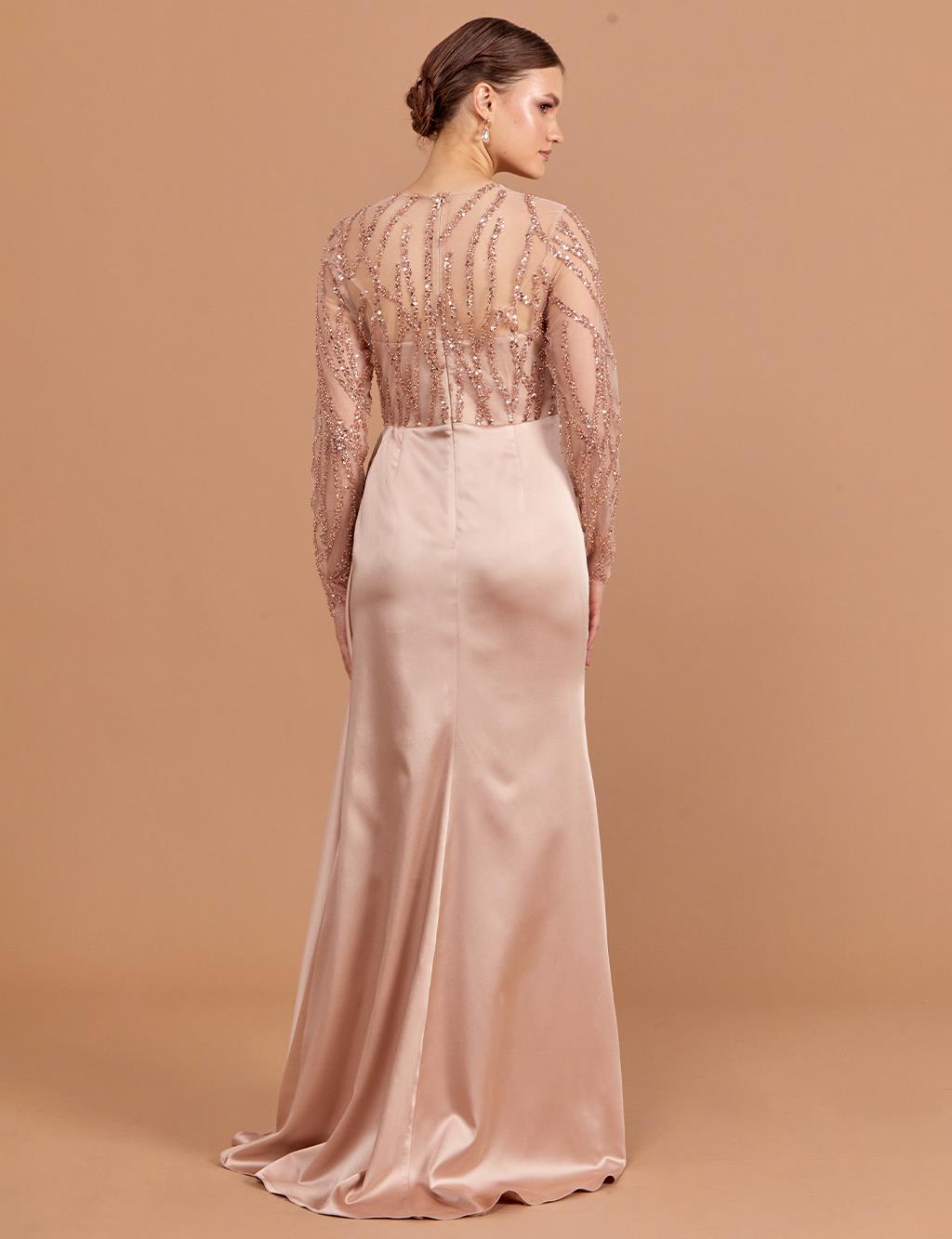 Draped Illusion Collar Evening Dress Copper