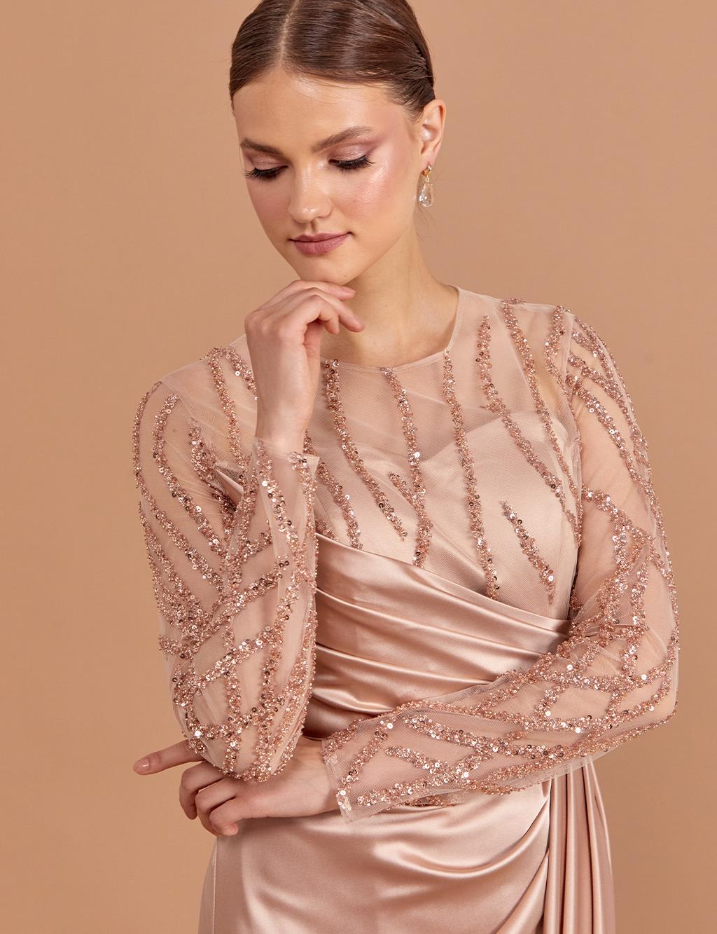 Draped Illusion Collar Evening Dress Copper