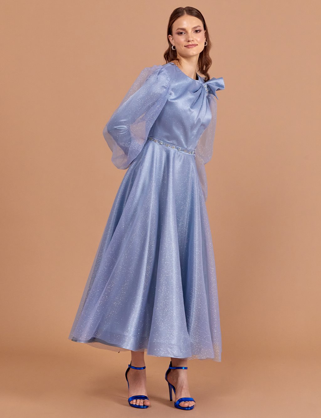 Tulle Covered Silvery Evening Dress Sky Blue