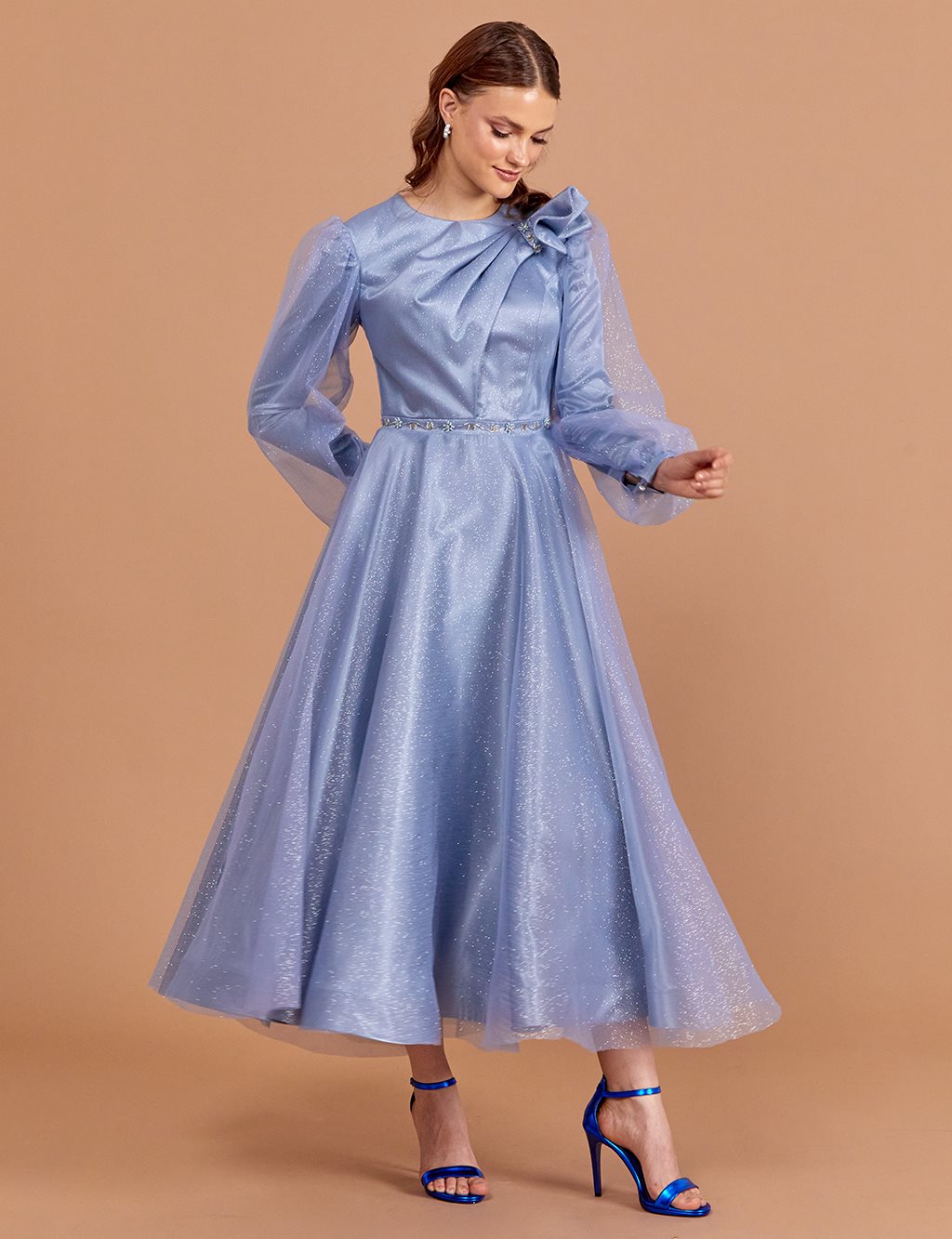 Tulle Covered Silvery Evening Dress Sky Blue