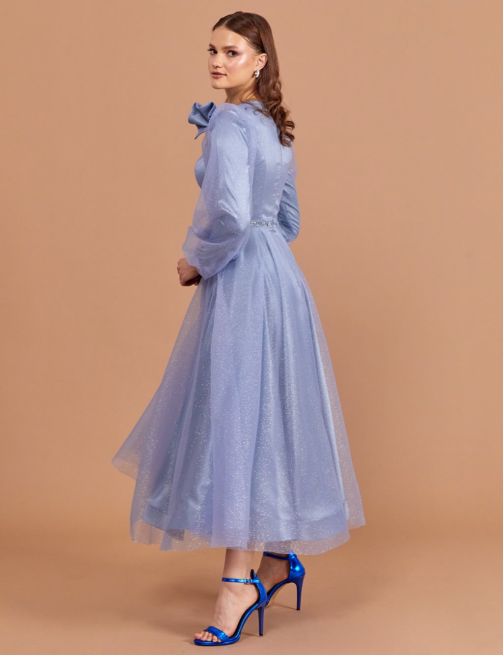 Tulle Covered Silvery Evening Dress Sky Blue