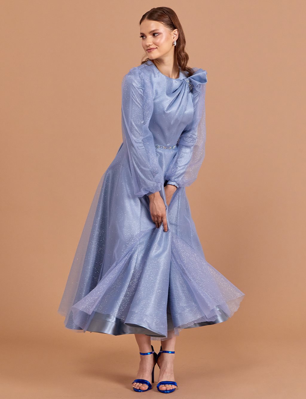 Tulle Covered Silvery Evening Dress Sky Blue