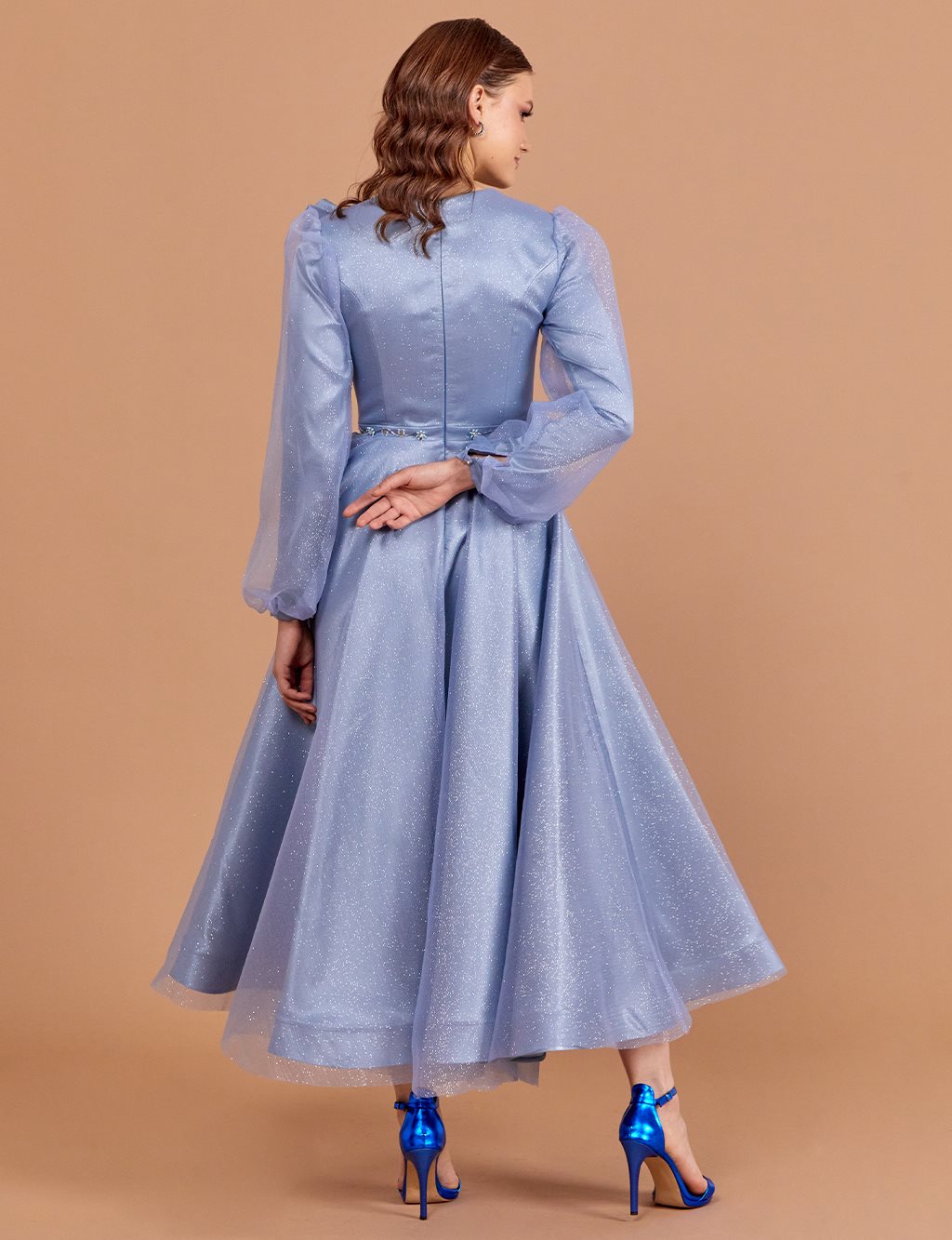 Tulle Covered Silvery Evening Dress Sky Blue