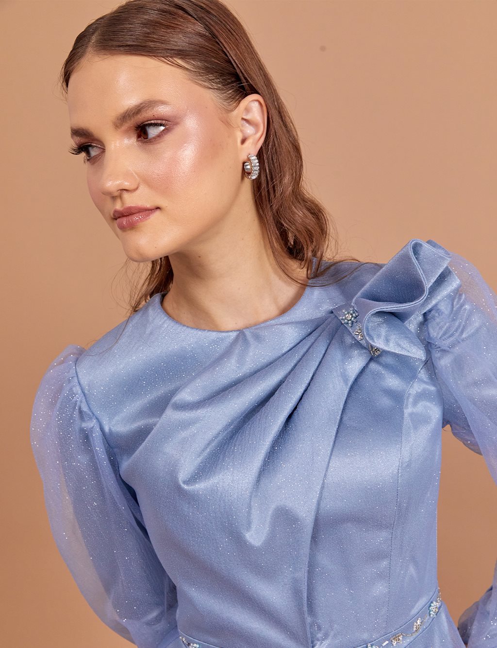 Tulle Covered Silvery Evening Dress Sky Blue