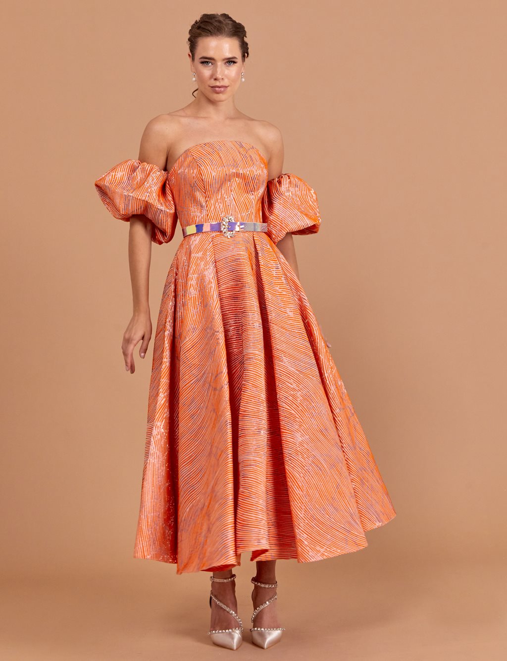 Abstract Pattern Strapless Evening Dress Orange