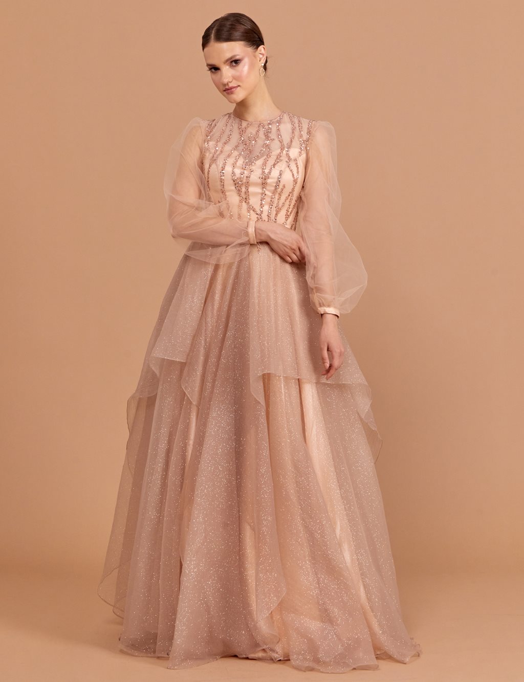 Sequined Tulle Covered Evening Dress Copper