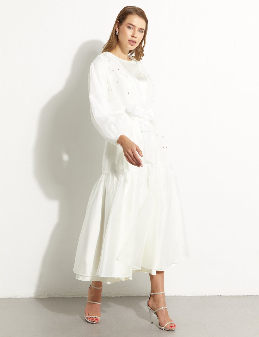 Embroidered Chiffon Cardigan Suit Ecru