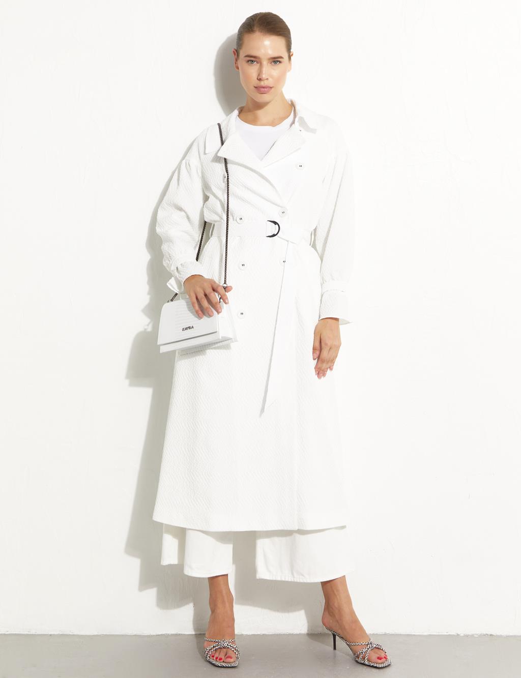 Embossed Double Breasted Trench Coat White