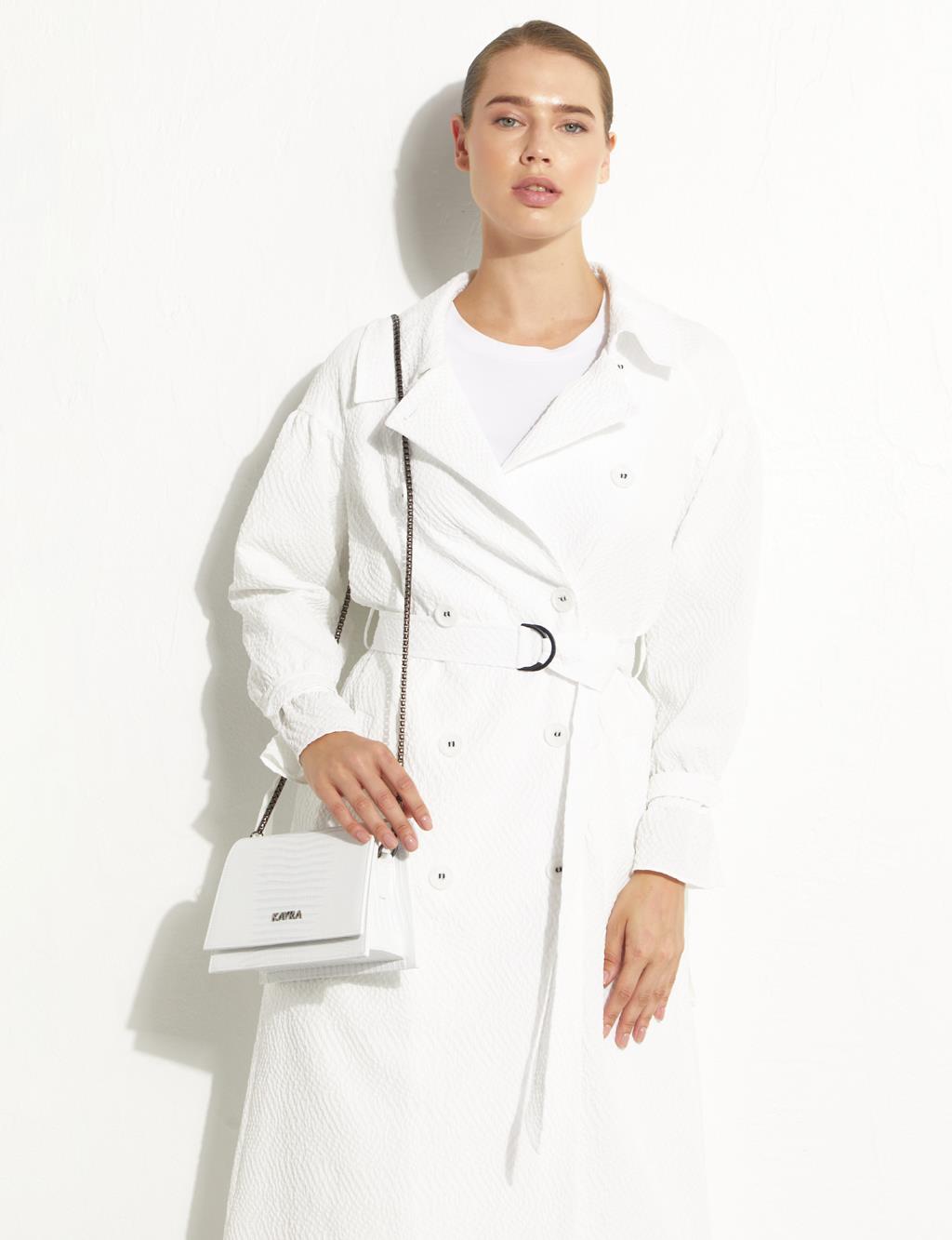 Embossed Double Breasted Trench Coat White