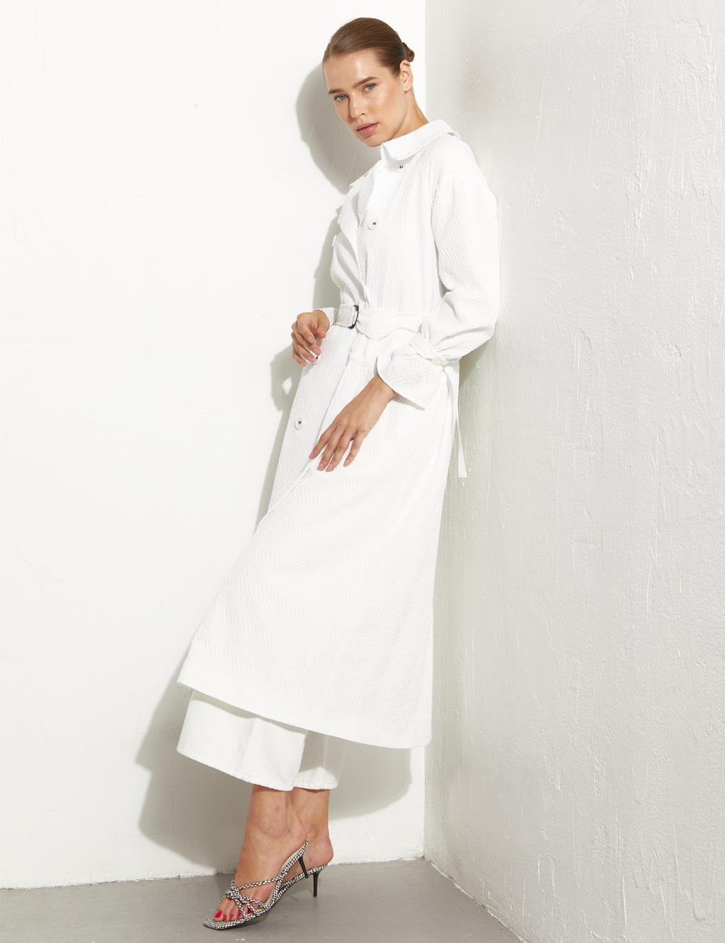 Embossed Double Breasted Trench Coat White