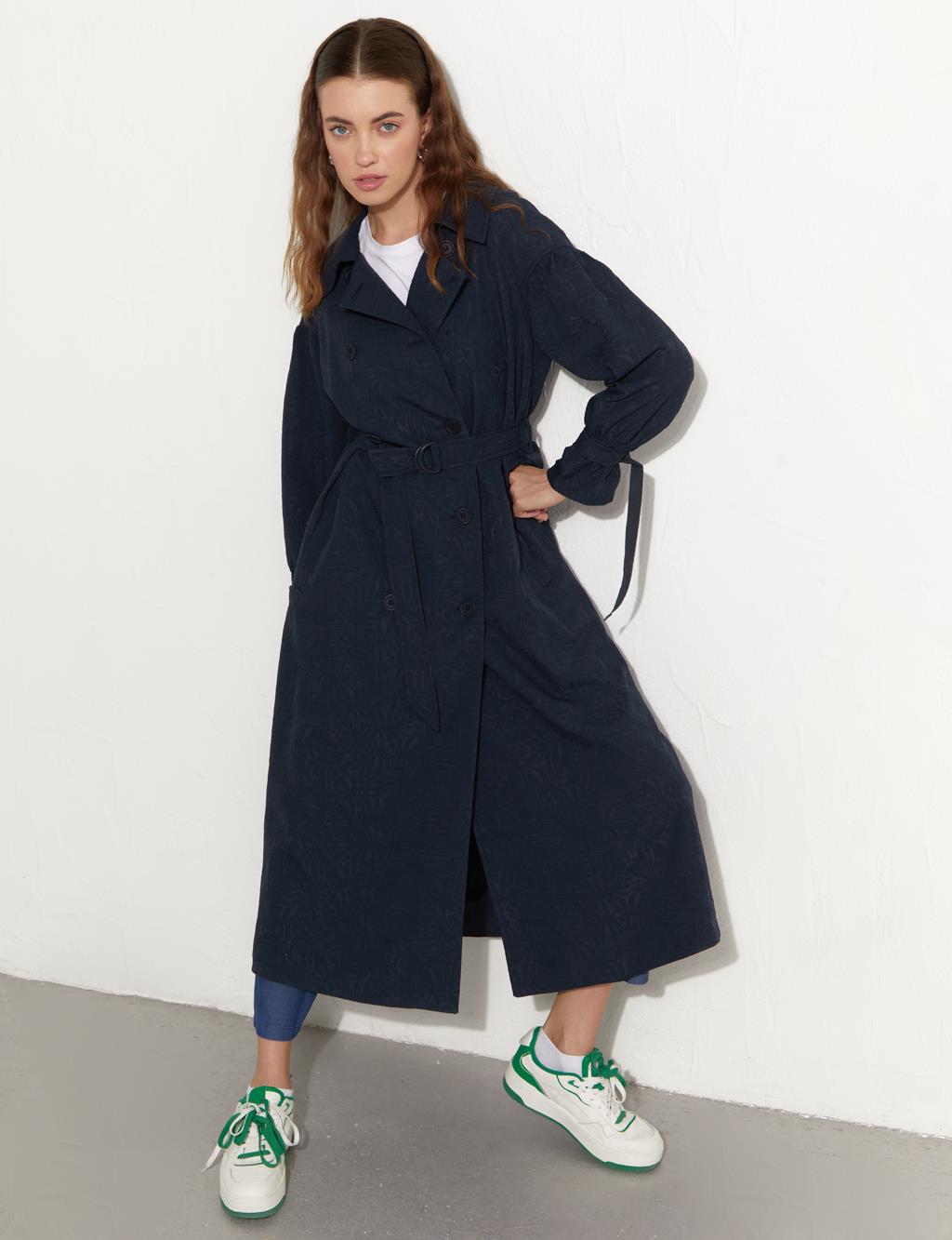 Embossed Double Breasted Trench Coat Dark Navy