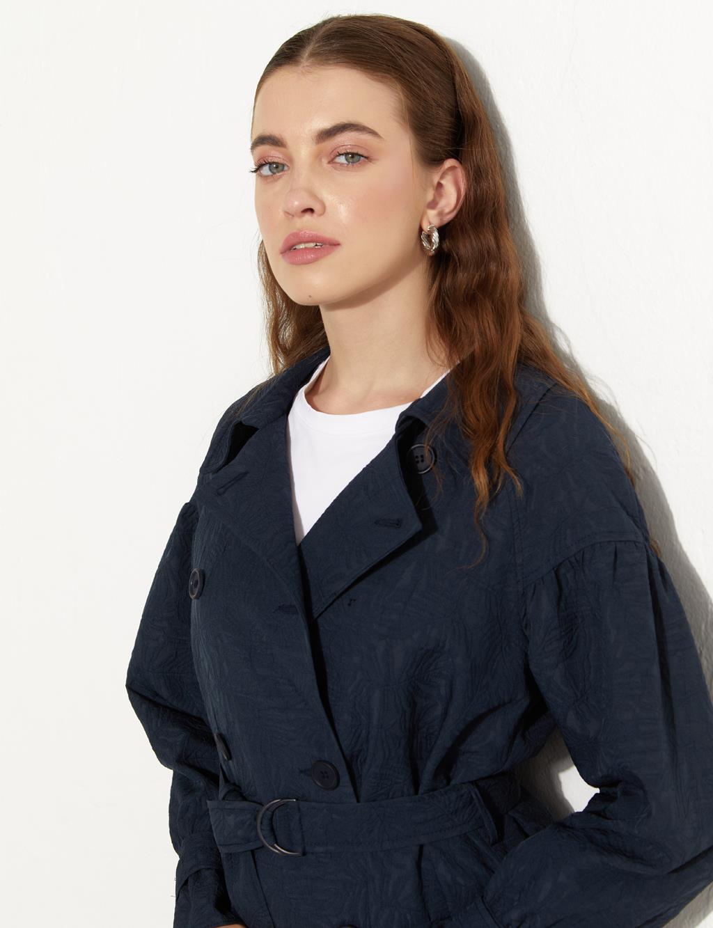 Embossed Double Breasted Trench Coat Dark Navy
