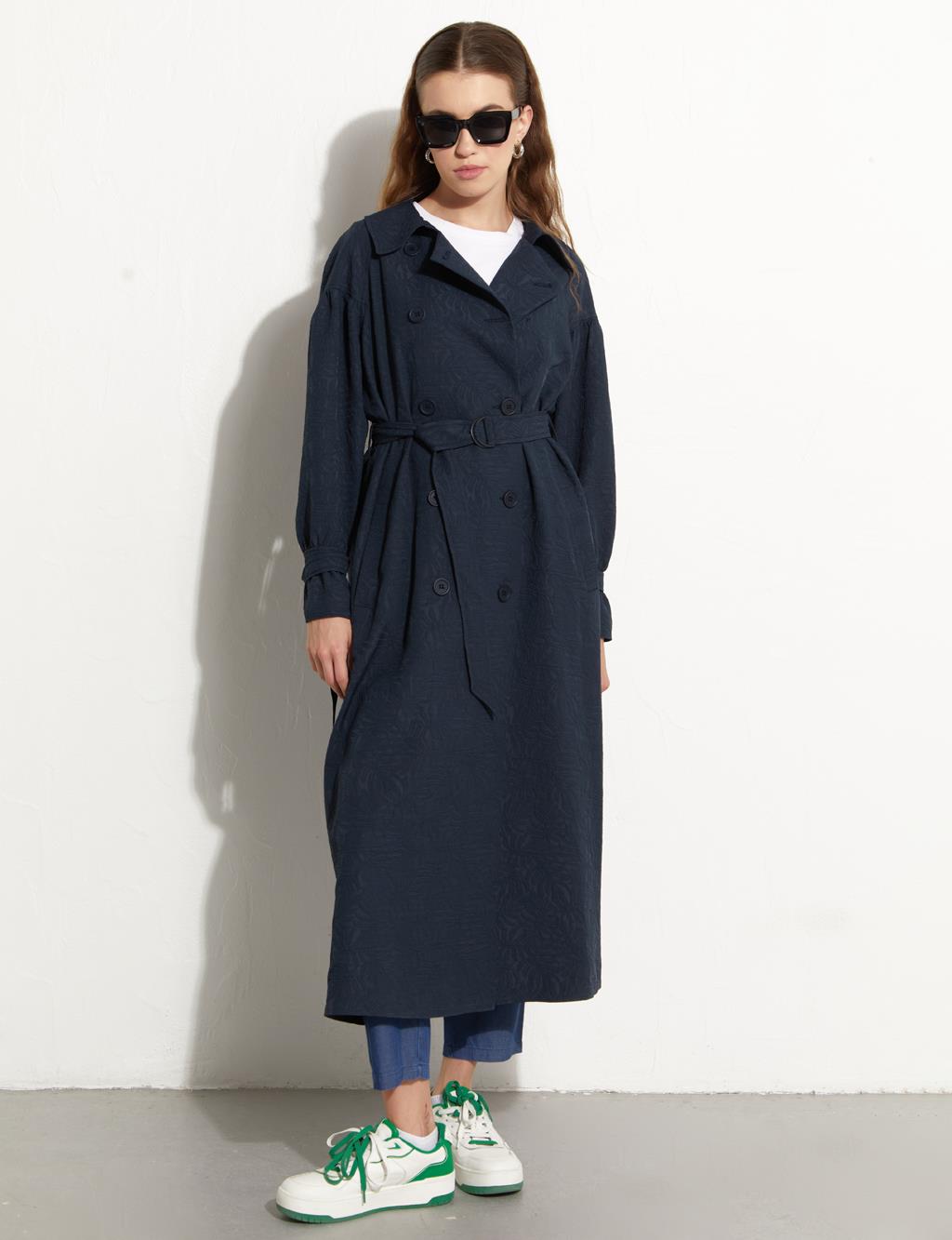 Embossed Double Breasted Trench Coat Dark Navy