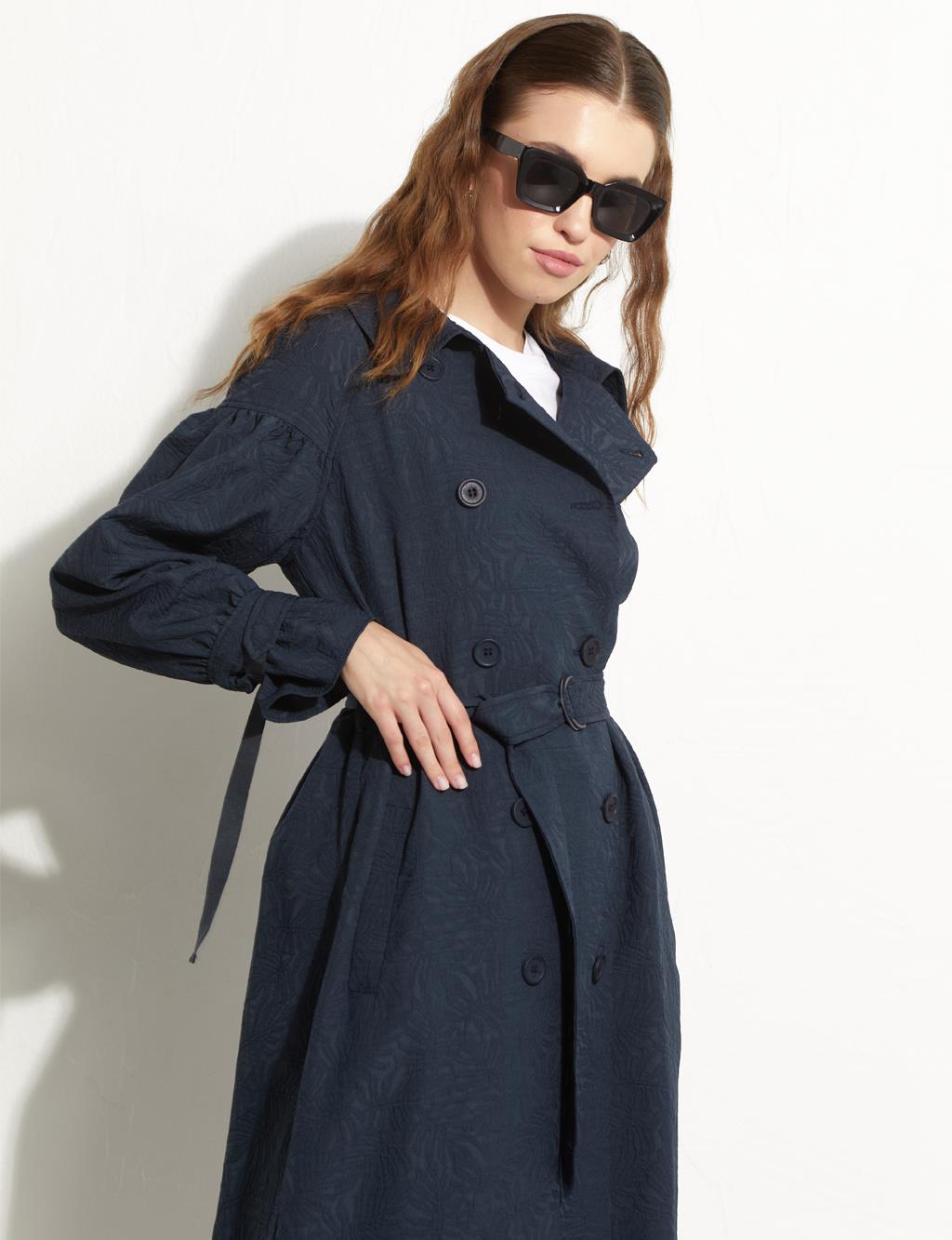 Embossed Double Breasted Trench Coat Dark Navy