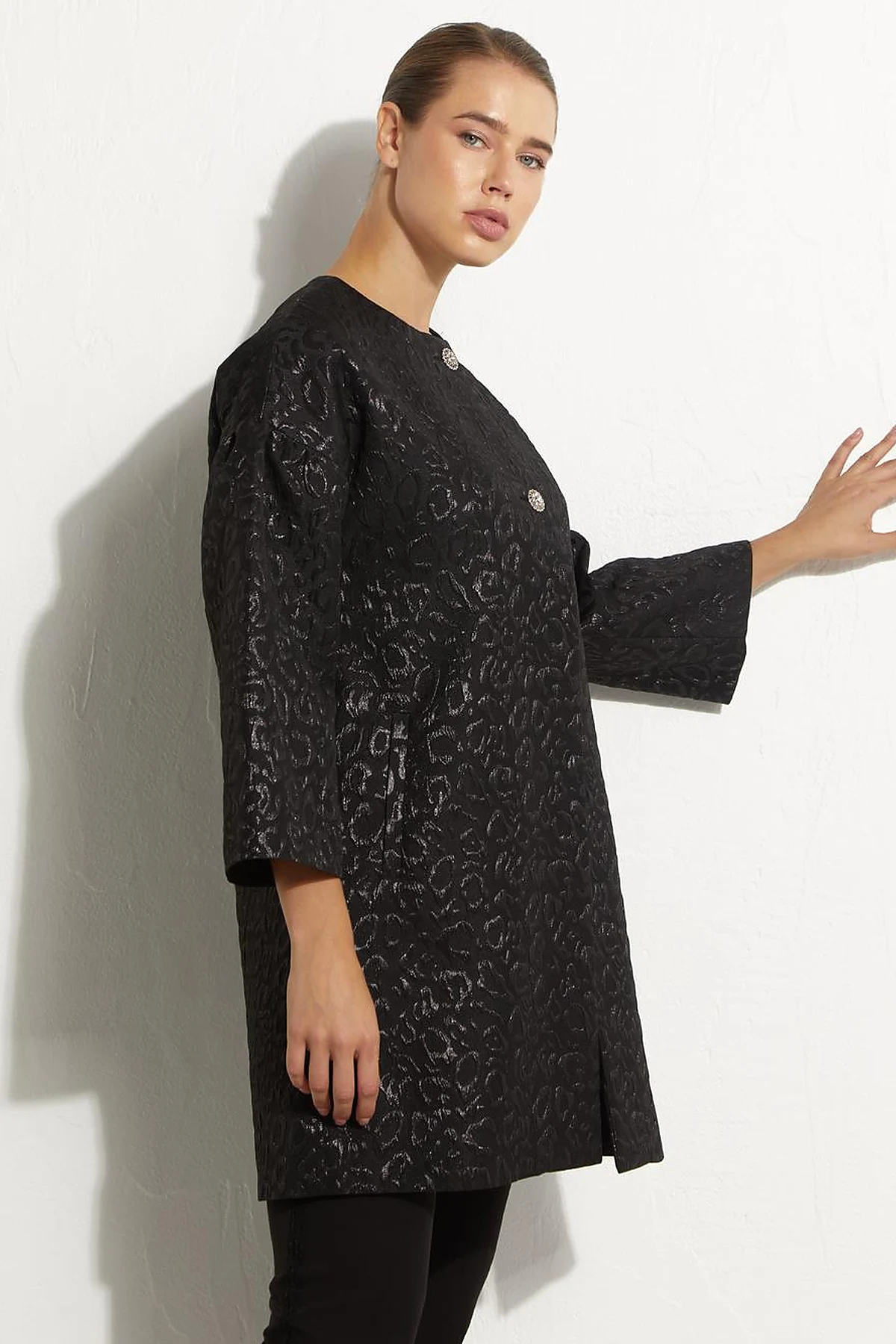 Jakarlı Animal Print Ceket Siyah